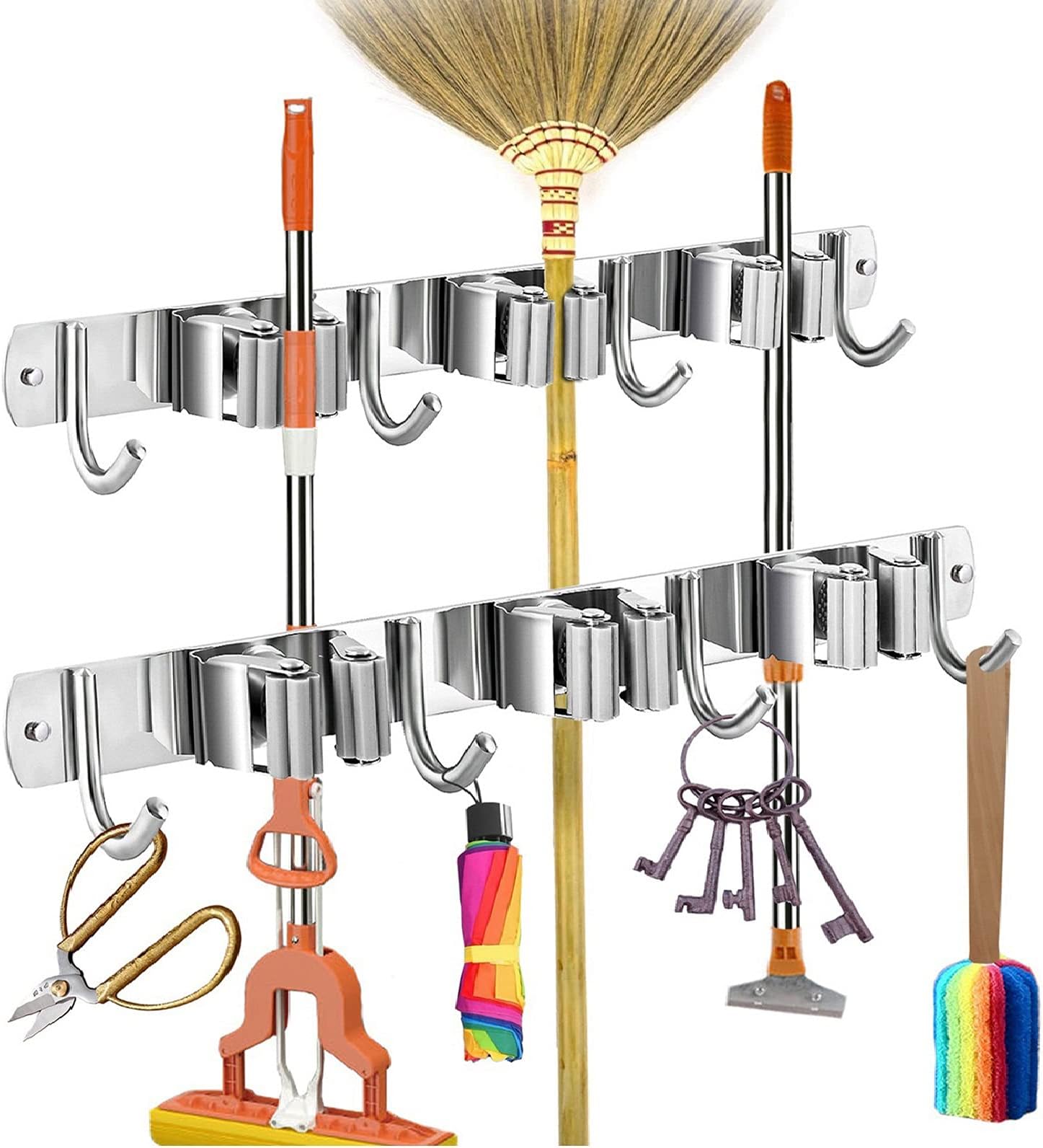 Nlmyt 2Pcs Broom Holder Wall Mount, Broom Organizer Wall Mount, Stainless Steel Mop Holder, Broom Hanger, Heavy Duty Broom Rack for Home, Garage, Garden, Laundry Room (3 Racks 4 Hooks)