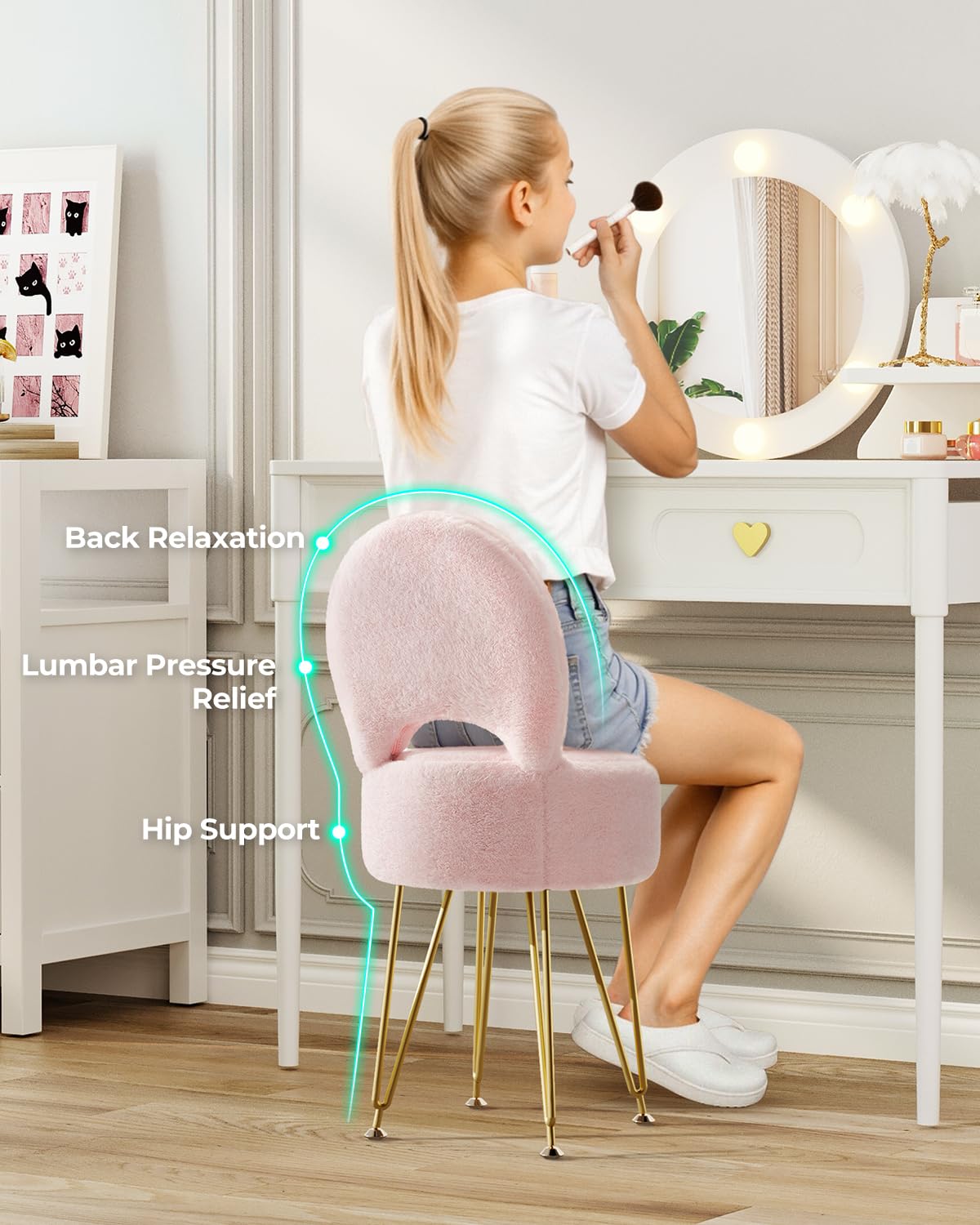 GREENSTELL Small Vanity Stool Chair with Storage and Folding Back, 13" x 13" x 17.7" Faux Fur Soft Ottoman for Teenager, 4 Metal Legs with Anti-Slip Feet, Furry Padded Seat for Makeup, Bedroom, Pink