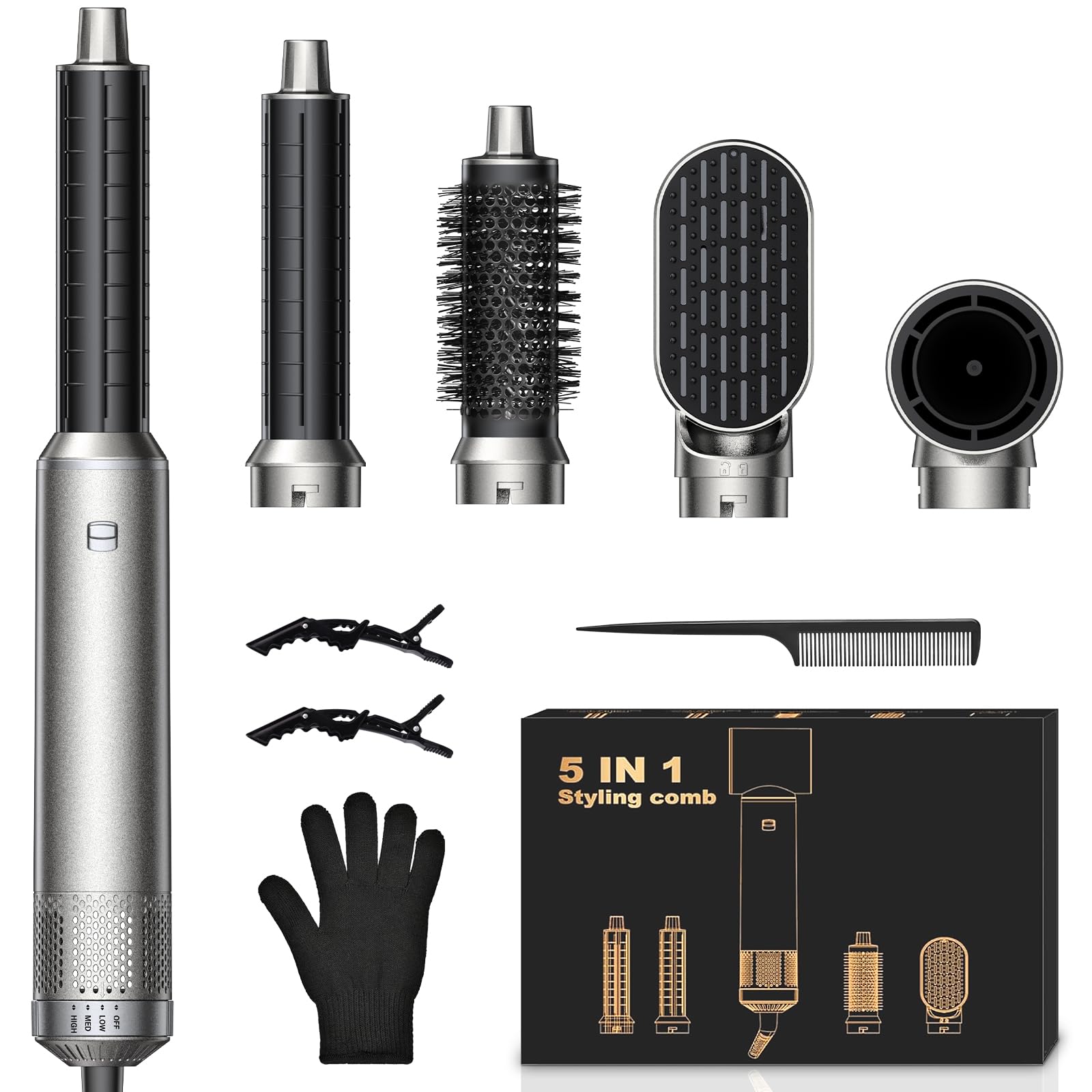 5 in 1 Hairstyler - Professionelle Airstyler mit Ionen Föhn, Lockenstab Automatisch, Warmluftbürste, Glättbürste und Volumen Styling für schnelle Frisuren zu Hause, Büro und Reisen Silber