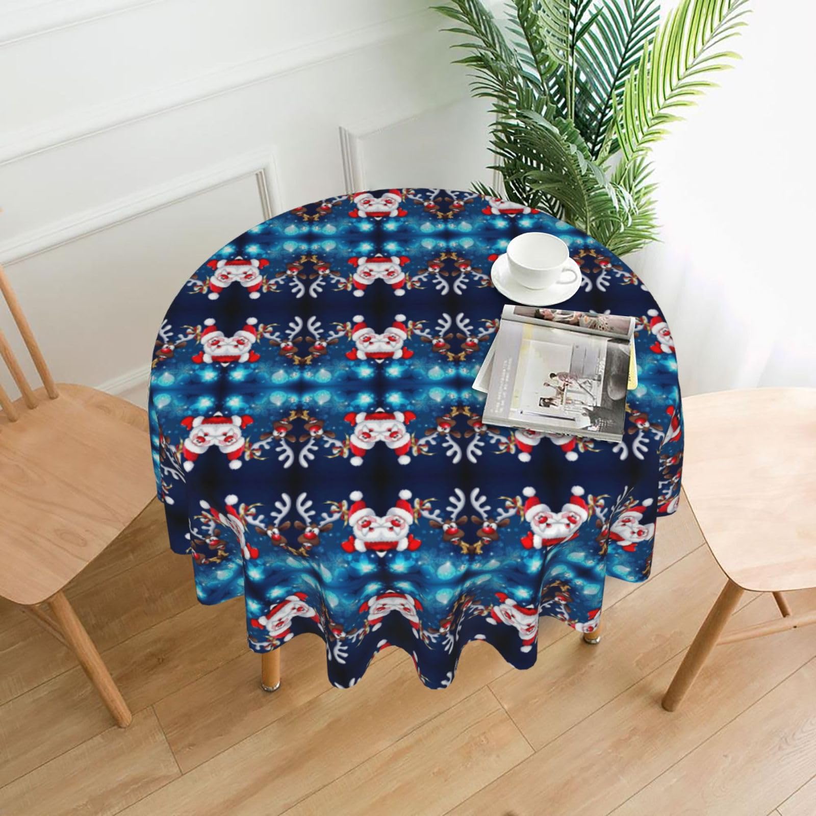 Zcmkjlg Santa Claus and Deer Elk Print Quick Ship Round Tablecloth 60in Polyester Washable Cover for Dining Room