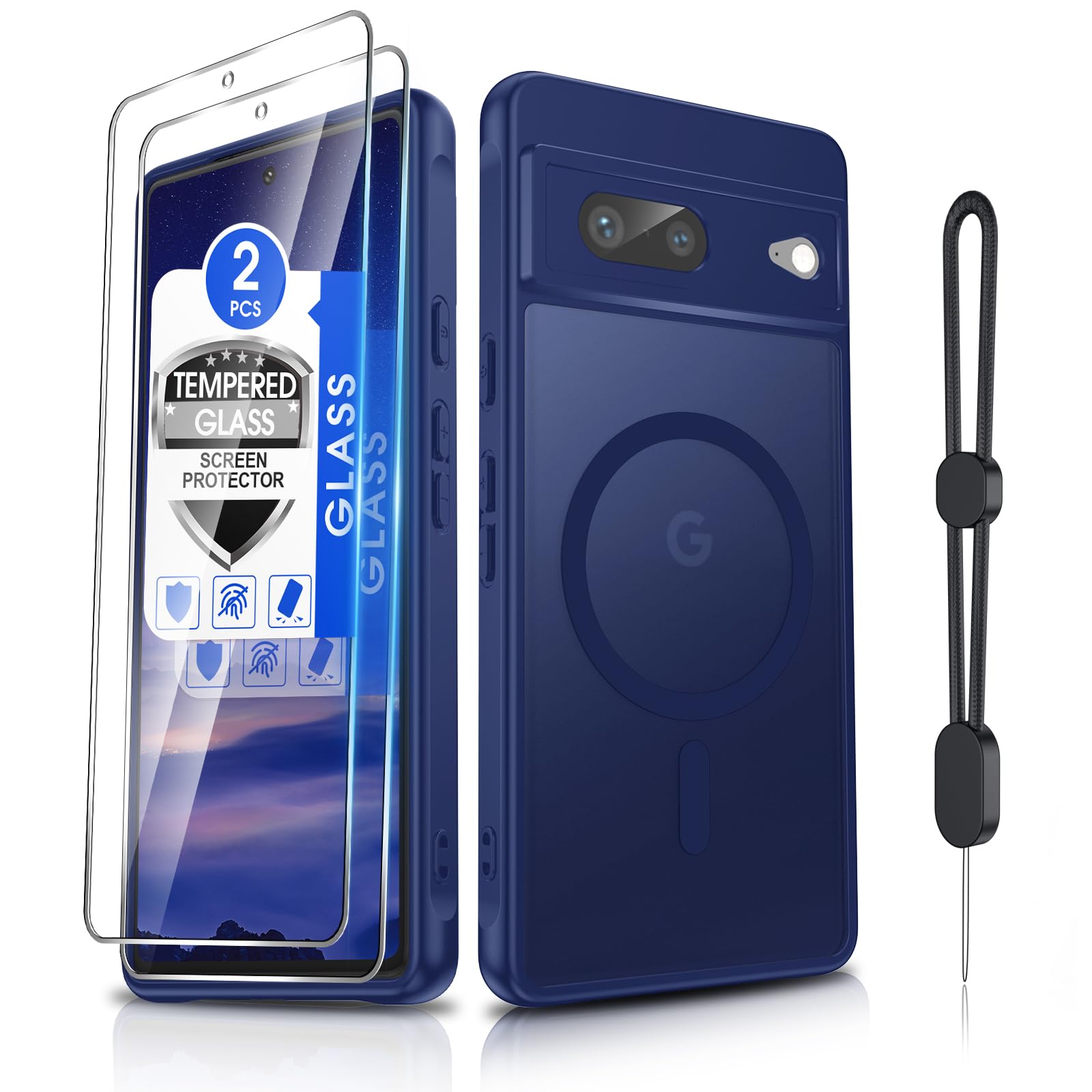Dizn for Google Pixel 7 Phone Case:[Not Fit Pixel 7a],with 2 Pcs Tempered Glass Screen Protector,Lanyard,Compatible with MagSafe Wireless Charging,Smoot Thin Cover,Military-Grade for Pixel 7,Dark Blue