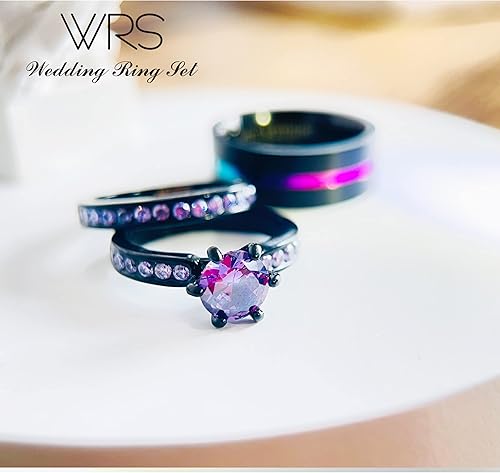 Vista 4 de Juego de anillos de boda His Hers para parejas, anillos a juego para mujer, chapado en oro negro de 18 quilates, circonita violeta, anillos