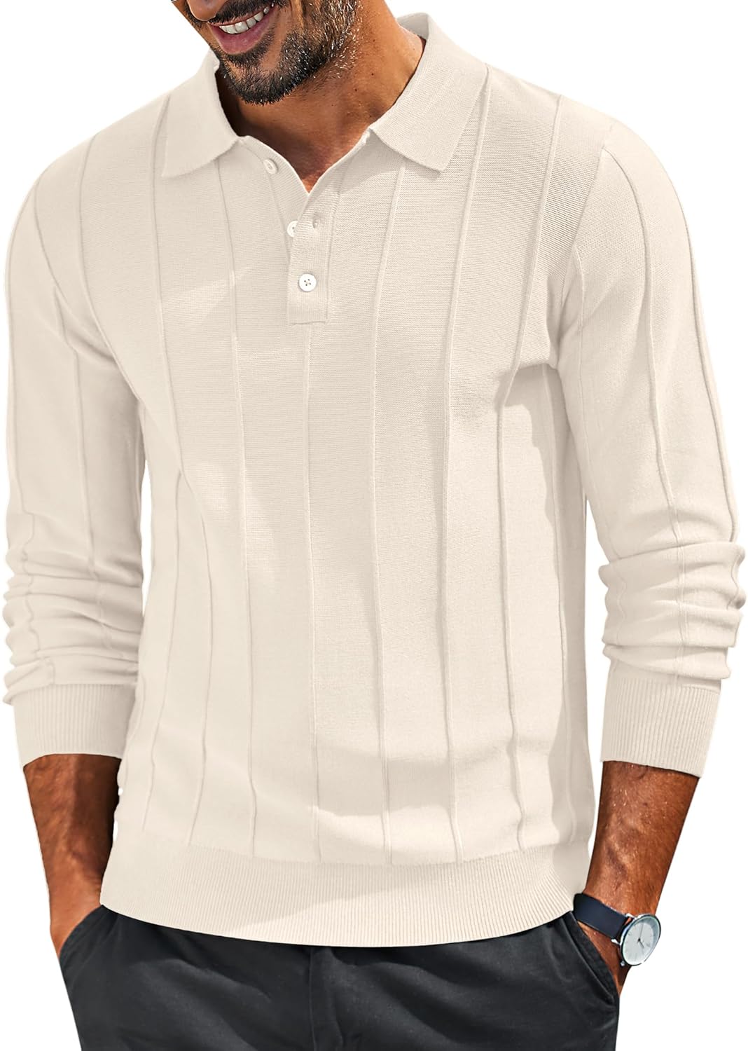 COOFANDY Mens Knit Long Sleeve Polo Sweater Business Casual Collared Golf Sweaters Ribbed Textured Activewear Polos
