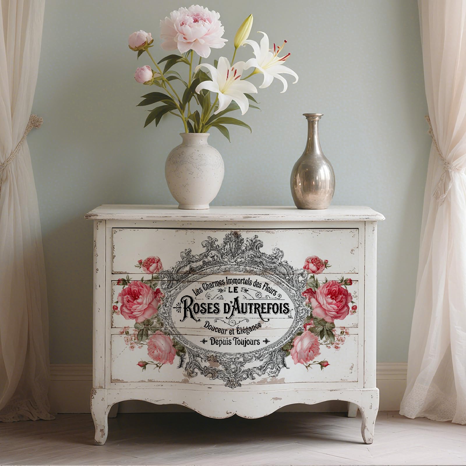 PLIGREAT 3 fogli di adesivi transfer vintage a forma di rosa per artigianato, impermeabili, stile francese, decalcomanie per mobili, album di ritagli, fai da te, legno, ceramica, carta