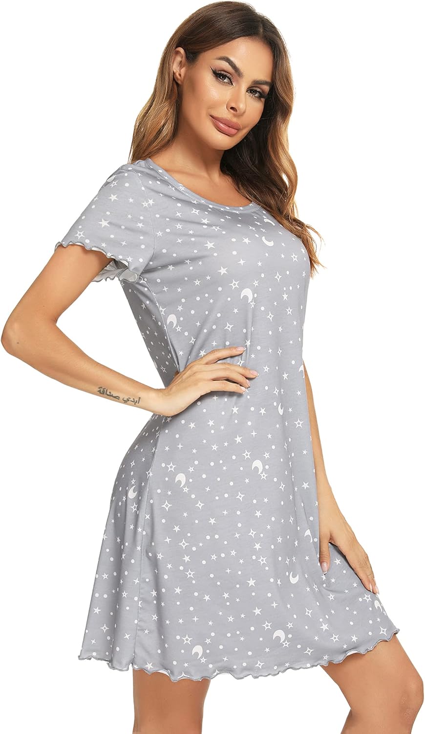 Womens Short Sleeve Sleepshirt Scoopneck Cute Nightdress Ruffle Comfy Nightgown - Image 3