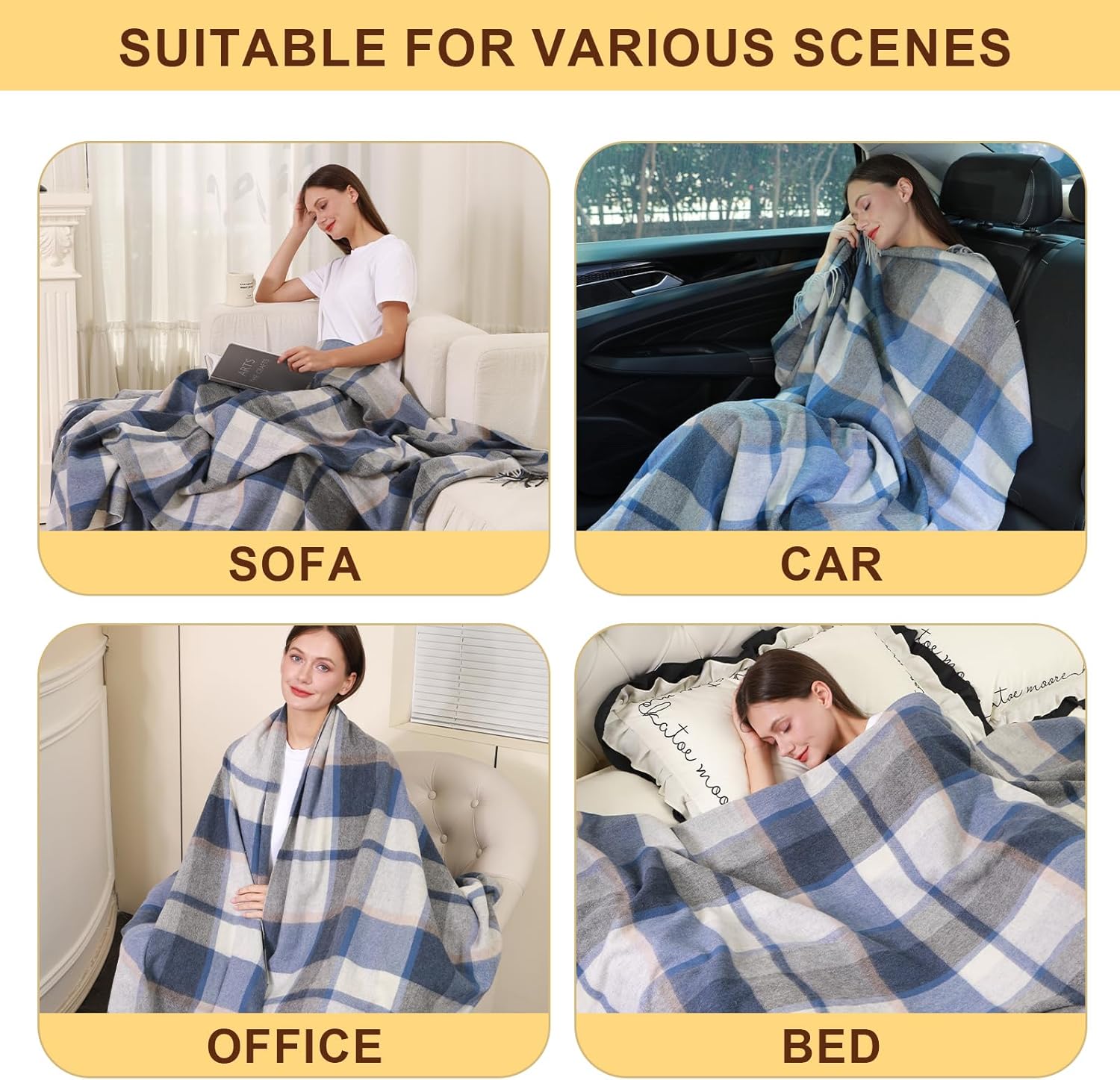 Woolly Throw Pure Wool Blanket - Large 55x83 inches, 1.5 lbs,Wool Fringed Knee Throw Blanket for Couch Bed Outdoor Travel,Soft Lightweight Breathable Blanket for All Season,Blue Check - Image 3