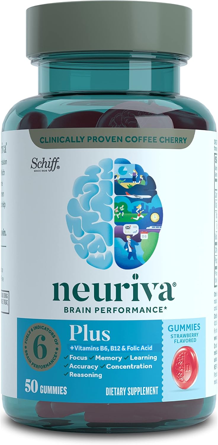 Neuriva Nootropic Brain Support Supplement - Plus Strawberry Gummies (50 Count in a Bottle), Phosphatidylserine, B6, B12, Supports Focus Memory Concentration Learning Accuracy and Reasoning : Health & Household