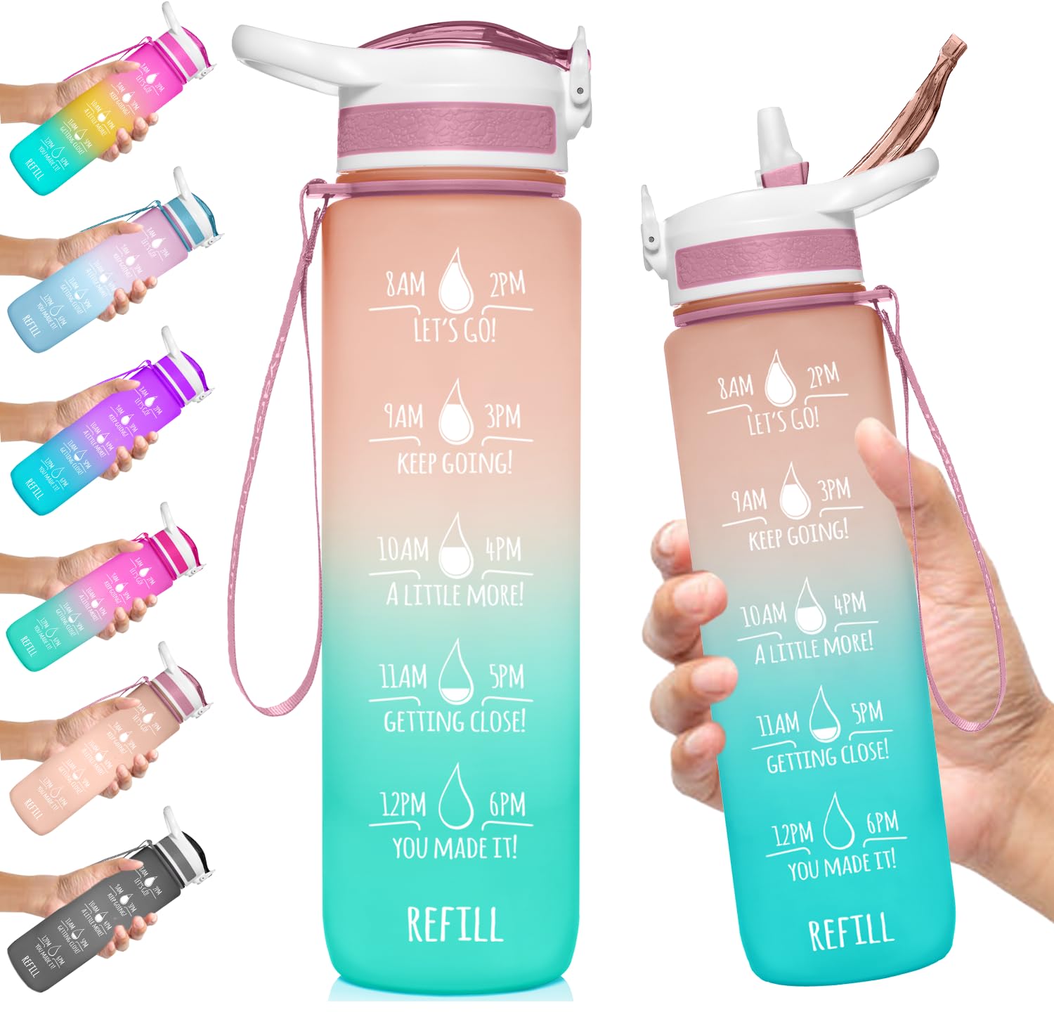 NatureWorksHydroMATE 32 oz Water Bottle with Time Markings Hourly BPA Free Reusable Leak Proof with Straw and Carrying Strap 1 Liter