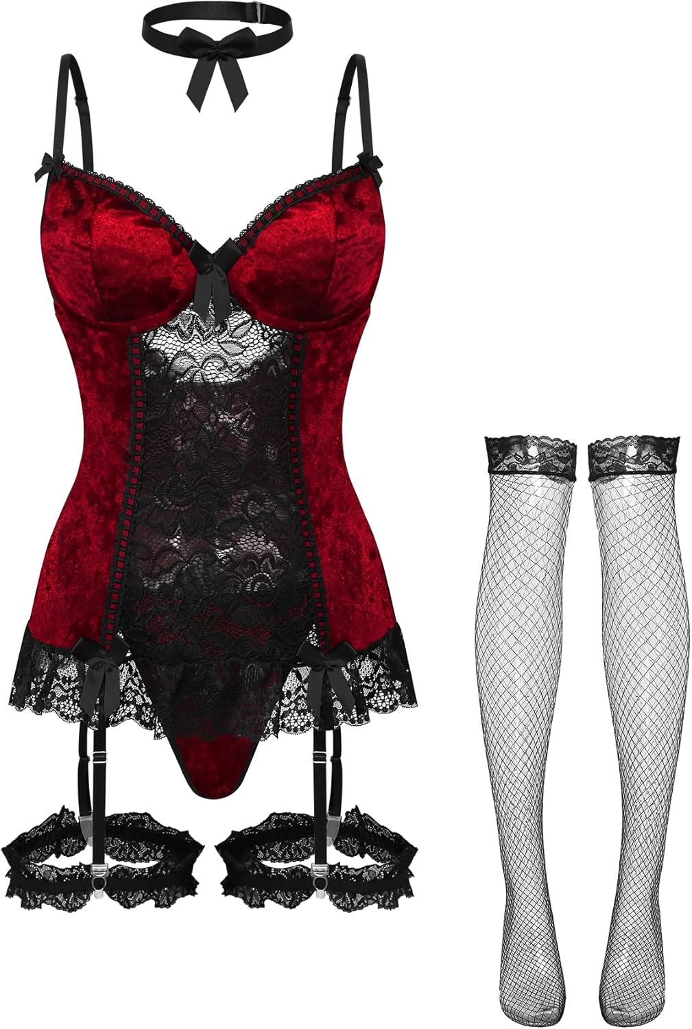 Lilosy Sexy Stocking Garter Belt Bows Floral Lace Babydoll Corset Push Up Teddy Lingerie Set with Panty - Image 5