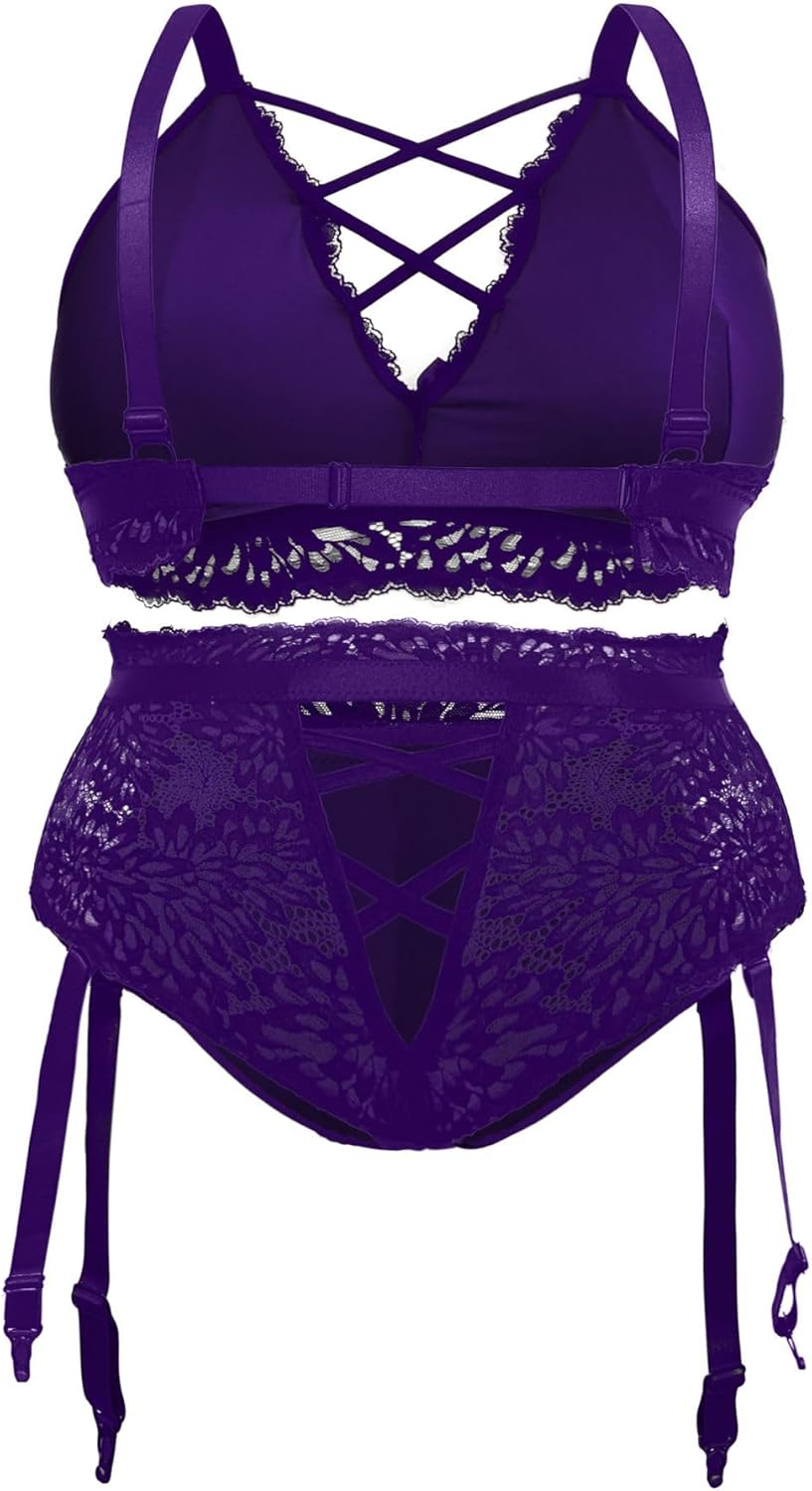 EVELUST Plus Size Lingerie for Women - Sexy Luxe Criss-cross Bra Lace Cup Classic Underwear High Waisted Suspender Set
