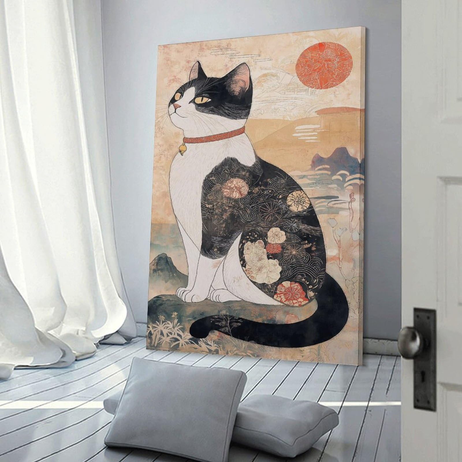 アニメ風 猫と月 アートプリント ラブキャッツアートプリント、木のブランコに乗った2匹の猫の