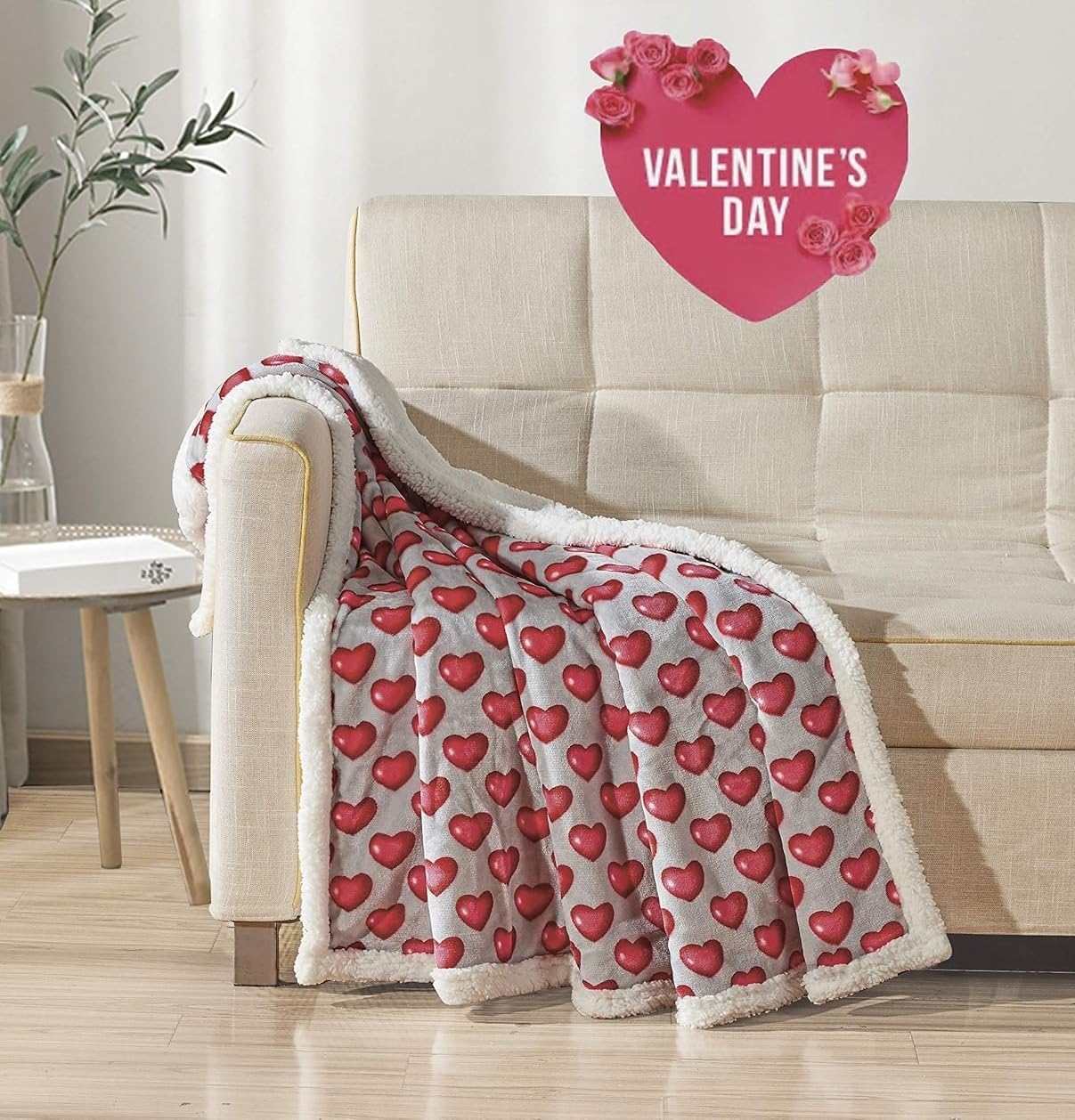 Hearts Throw Blanket – Ultra Soft Microplush 50"x60" | Cozy Love Theme Gift for Couch, Bed, Travel, Valentine’s Day & More | Washable | Red Hearts with Sherpa Backing