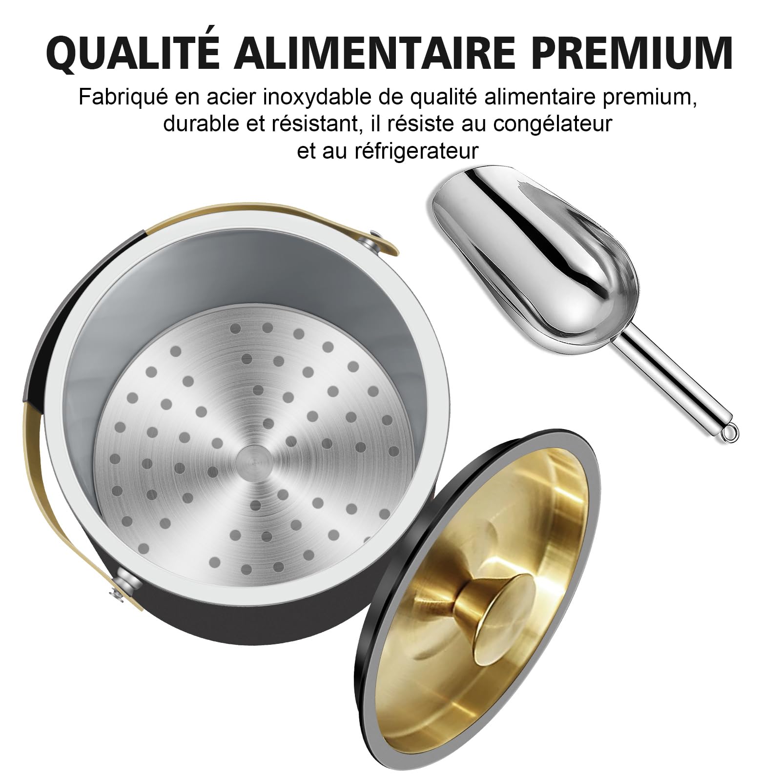 3.2L Seau à Glace Isotherme Moderne avec Couvercle en Silicone, Pelle, Passoire, Seau à Glace en Acier Inoxydable à Double Paroi pour Fêtes et Bar à Cocktails, Idéal pour Cadeau(Noir)