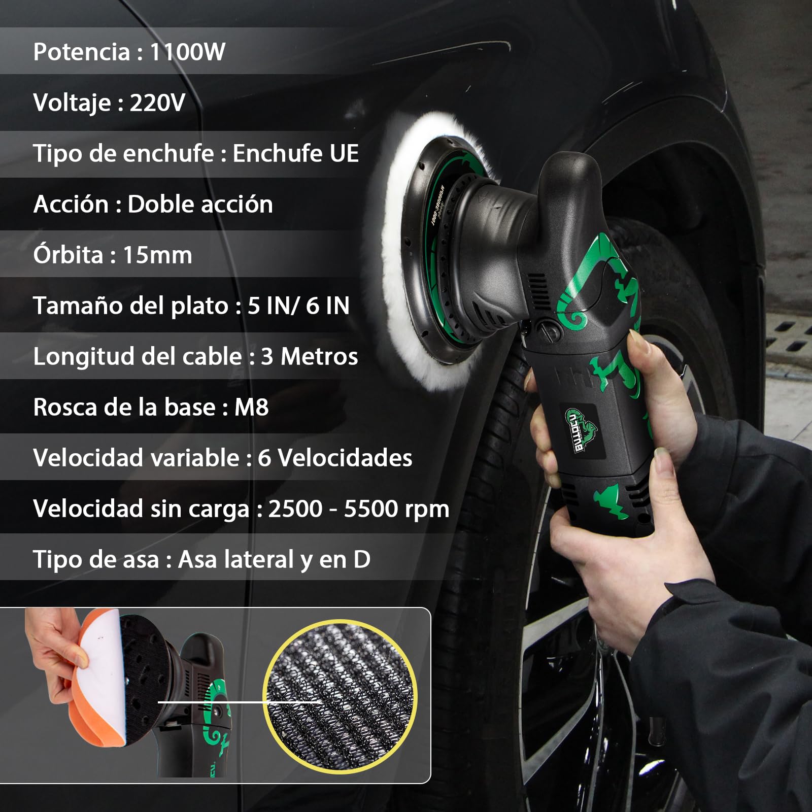 BATOCA T1 Pulidora Orbital 15mm,1100W Máquinas pulidoras,Excéntrico Pulidor de Coches,Pulir,Lijadora,Enceradora,125mm/150mm Kit de Pulido,2500-5500RPM,Cuidado Pintura,Encerar Automóviles Mueble