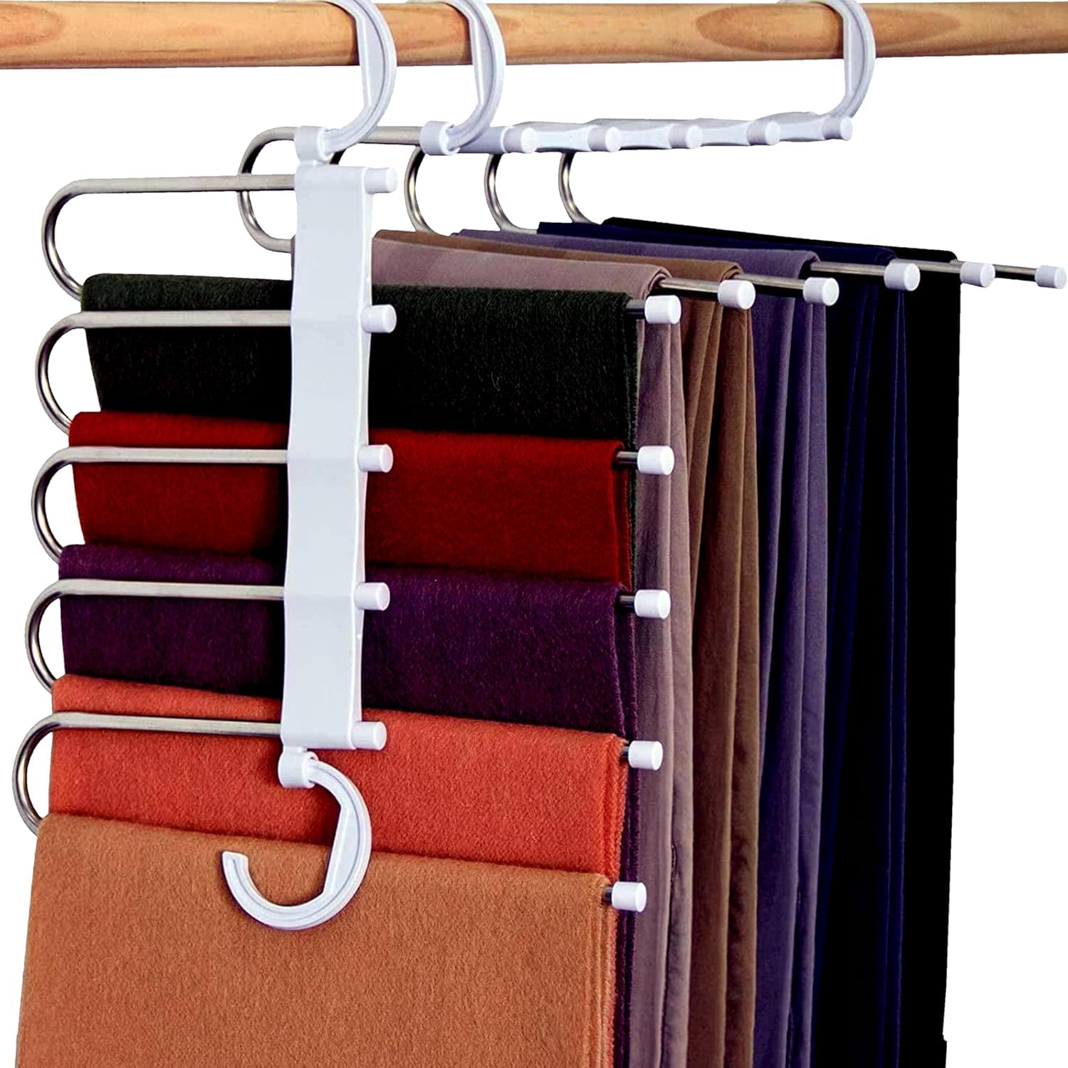 5-in-1 Stainless Steel Foldable Clothes Hanger | Multi-Layer Space Saving Pant Hanger for Wardrobe | Multipurpose Foldable Trouser, Scarf & Tie Organizer Rack (White)-image-7
