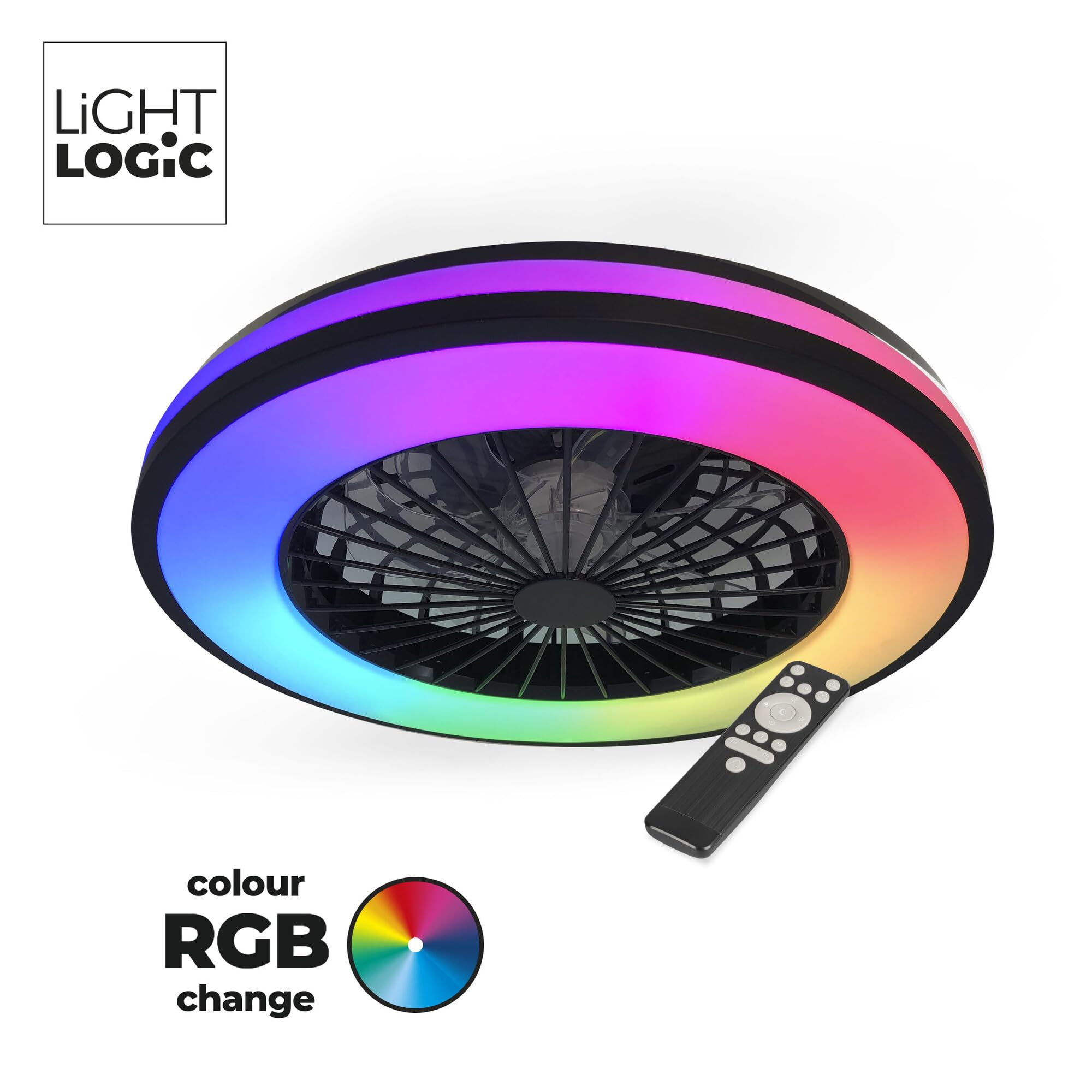 Led Lampe mit Ventilator Ø 48.5 cm, Deckenventilator RGB mit Fernbedienung, Nachtmodus & Timer – 48W, 3000–6500K, Schwarz/Weiß