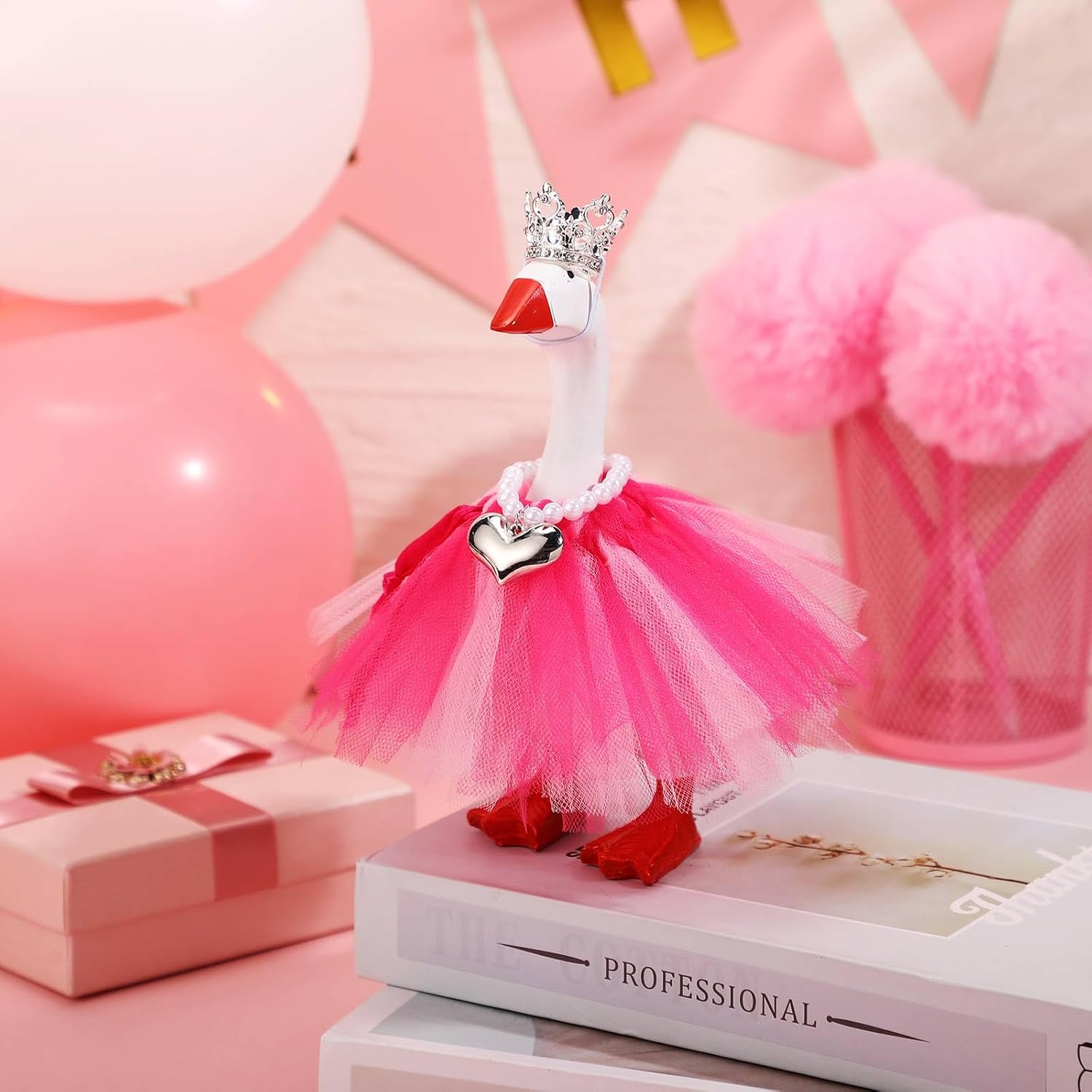 3 Pcs 7 Inch Spring Mini Desk Goose Outfits with Crystal Rhinestone Tiara Crown Necklace Tutu Dress Magnetic Goose Key Holder Princess Customs for Statue Duck Key Holder (Pink,Classic)