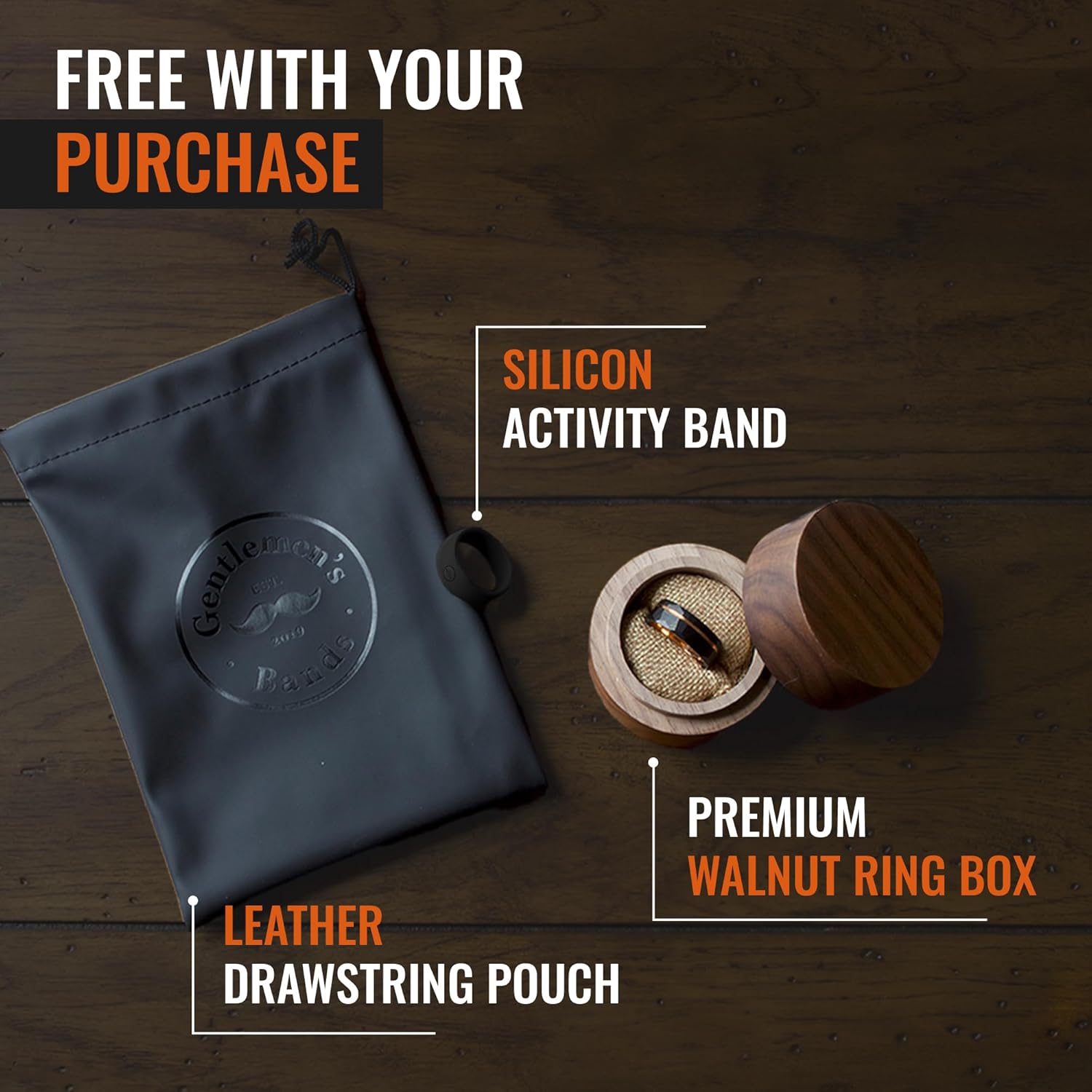 Gentlemen's Bands Men's Tungsten Wedding Band - Black Collection | Premium Tungsten Wedding Ring for Men 8mm | Includes Silicone Band, Leather Pouch & Luxury Walnut Box - Image 2