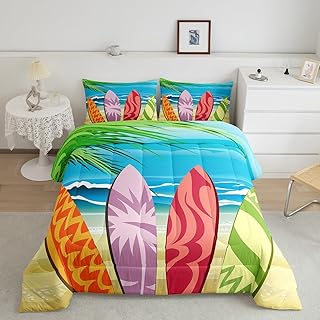 Manfei Surfboard Comforter Set Twin Size, Tropical Beach Palm Leaves Bedding Set 2pcs for Kids Boys Girls Bedroom Decor, Blue Sea Wave Quilt Set Soft Polyester Duvet Set with 1 Pillowcase