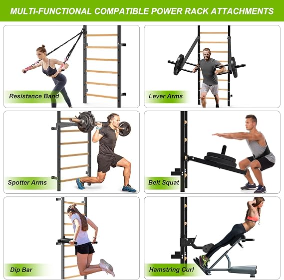 Wood Stall Bar & Nordic Hamstring Curl Attachment, 2x2 Swedish Ladder with 1 Hole, Adjustable Leg Hold Down for Home Gym, Versatile Fitness Equipment for Strength Training