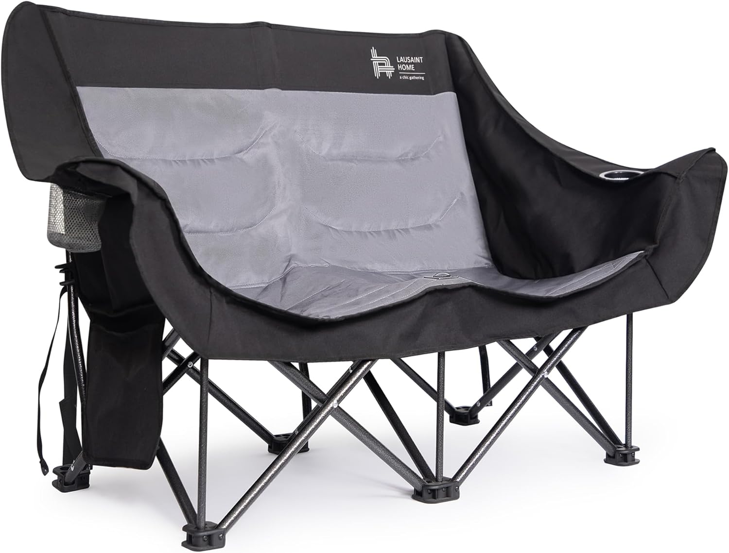 LAUSAINT HOME Double Camping Chair, Oversized Camping Loveseat with Cup Holder, Heavy Duty Portable Camping Couch, Outdoor Double Folding Chair for Patio, Lawn and Garden, Black