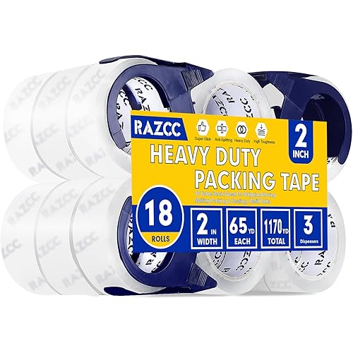 Clear Packing Tape, 18 Rolls Heavy Duty Packaging Tape with Dispensers for Packing Shipping Moving and Sealing, Thicker Packing Tape-2" x 65 Yards Per Roll, 1170 Total Yards