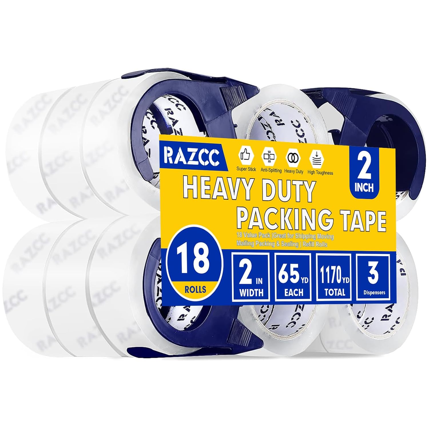 RAZCC Clear Packing Tape, 18 Rolls Heavy Duty Packaging Tape with Dispensers for Packing Shipping Moving and Sealing, Thicker Packing Tape-2" x 65 Yards Per Roll, 1170 Total Yards