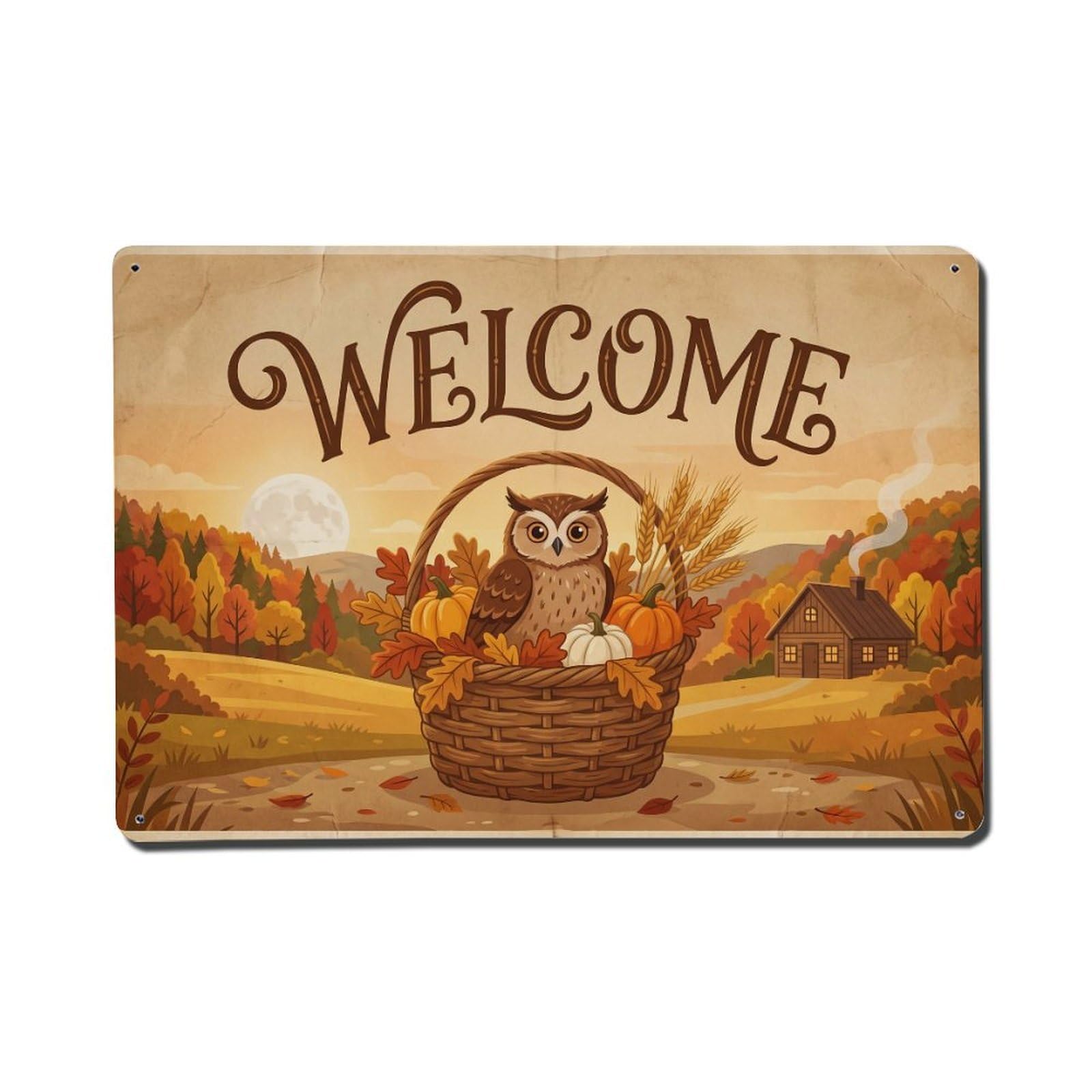 Vintage Welcome Owl Falling Leaves Metal Tin Sign
