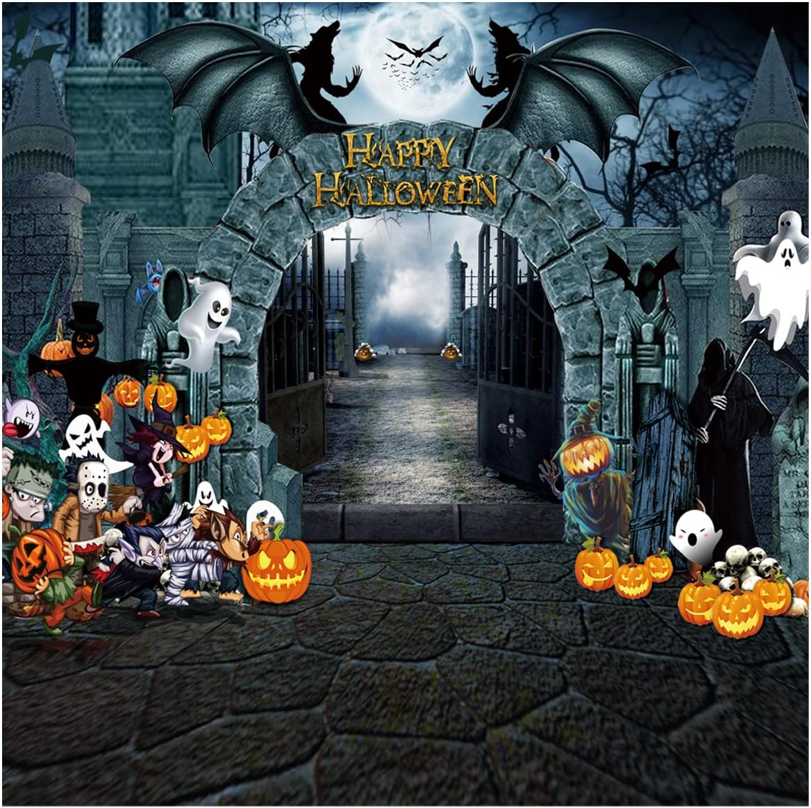 Halloween Backdrop Night Scary Castle Pumpkin Moon Bat Graveyard Photo Background