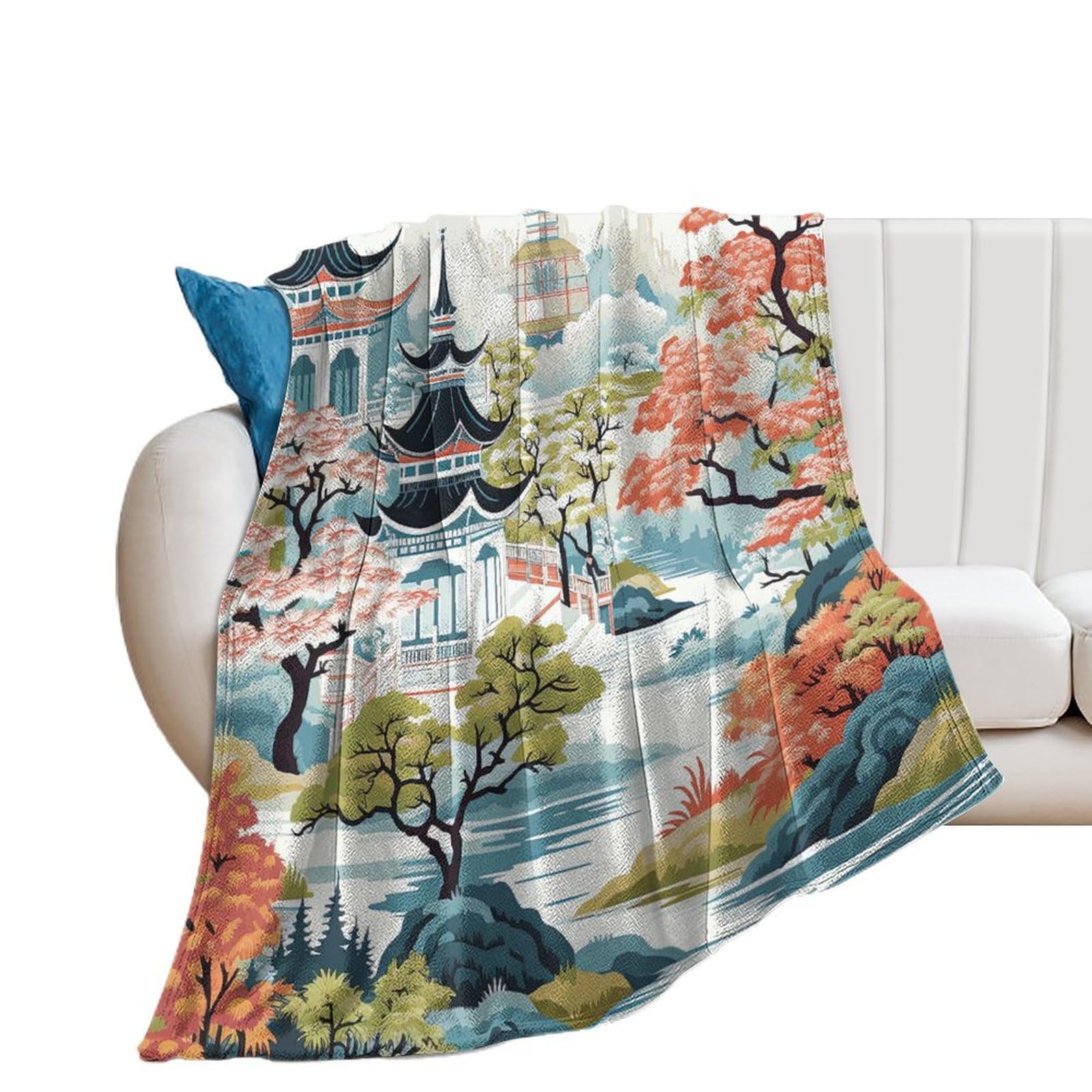Couverture polaire en flanelle blanche 153x203cm motif pagode