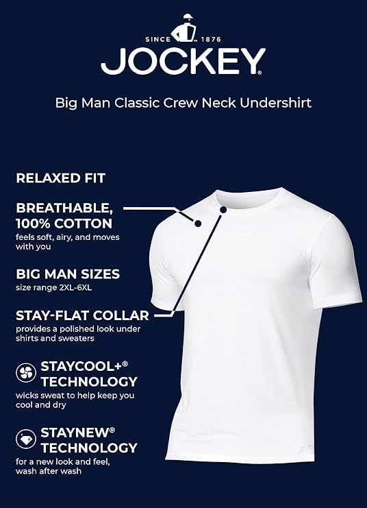 Jockey Big Man Classic Crew Neck Undershirt- 2 Pack - 100% Cotton T-Shirts for Men