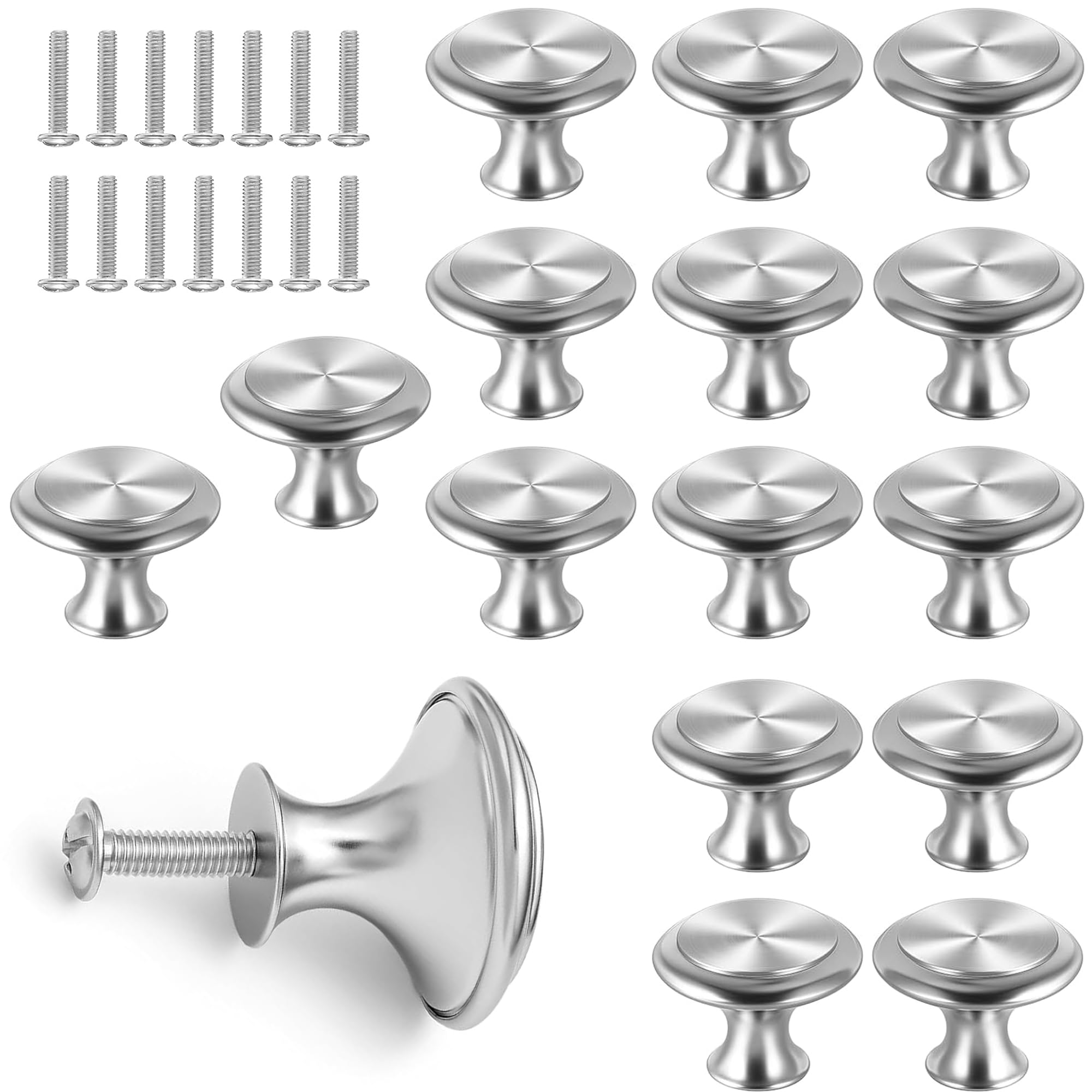 LEOUEANR 16Pcs Furniture Knobs, Stainless Steel Round Drawer Knobs for Cupboard, Cabinet & Kitchen (Silver)