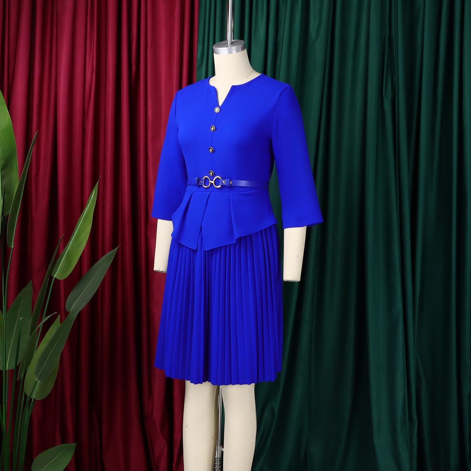 Elegancka Damska Sukienka Z Plisowanym Dołem I Krojem W Kształcie Litery A Modna Sukienka Midi Z Rękawem 3/4 I Wysokim Stanem, Z Falbanką, Do Pracy I Na Imprezę, Z Paskiem
