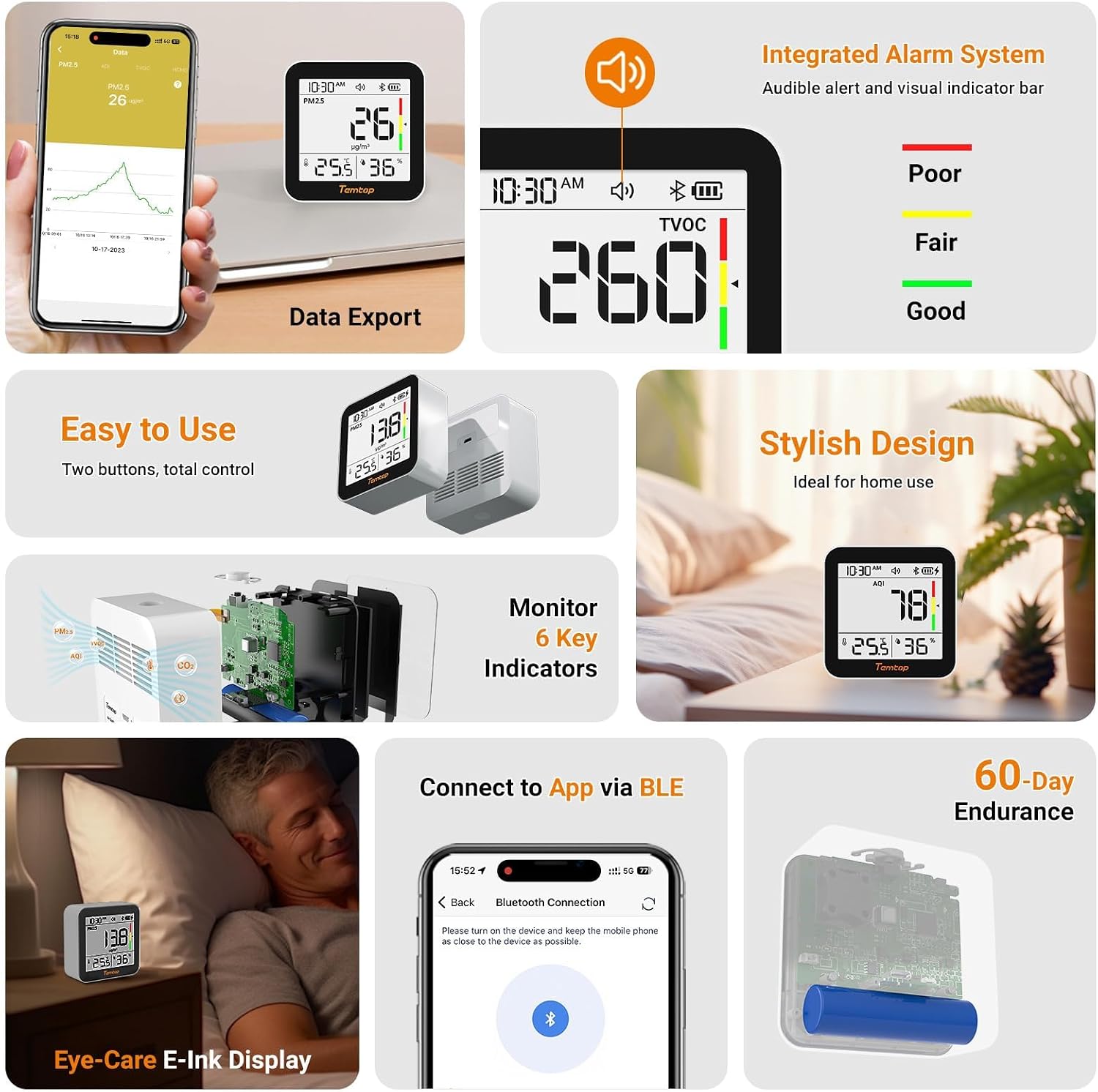 Temtop P1 Luftqualitätsmonitor – PM2.5, PM10, Temperatur, Feuchtigkeit & AQI, Bluetooth-App, 48h Akku, Tragbar