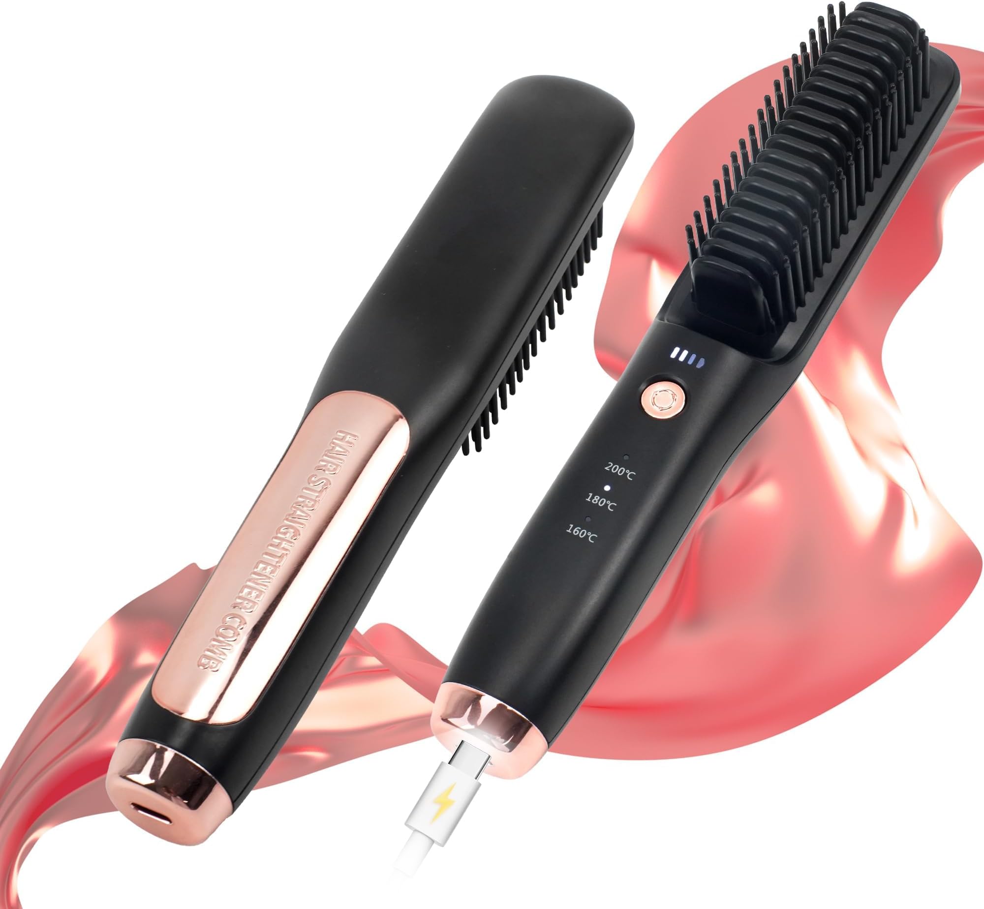 Porta Cordless Hair Straightener Brush,2-in-1 Hair Straightener and Curler with 3 Temperature Settings - Portable and Lightweight Design for Travel (Black)