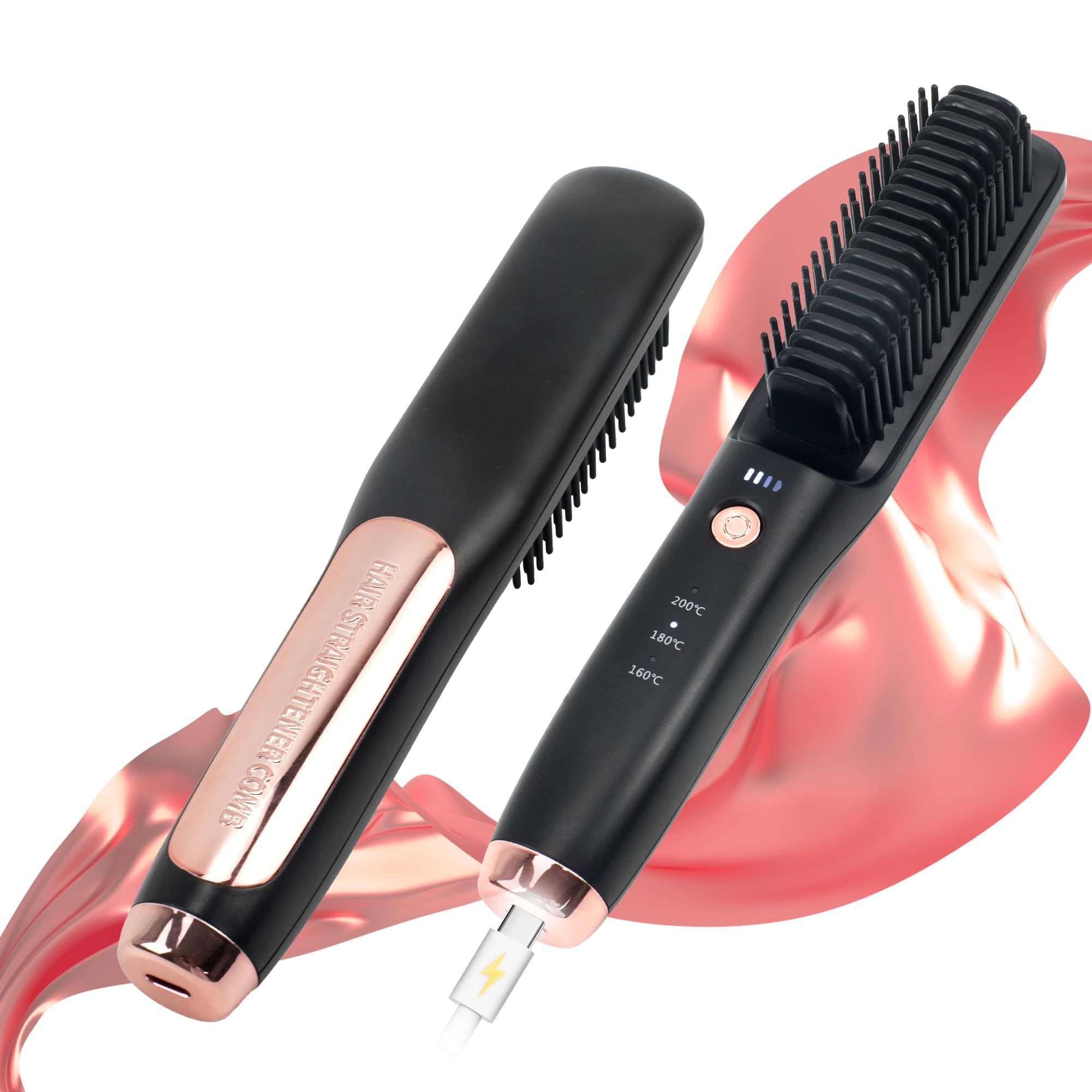 Excefore Porta Cordless Hair Straightener Brush,2-in-1 Hair Straightener and Curler with 3 Temperature Settings - Portable and Lightweight Design for Travel (Black)