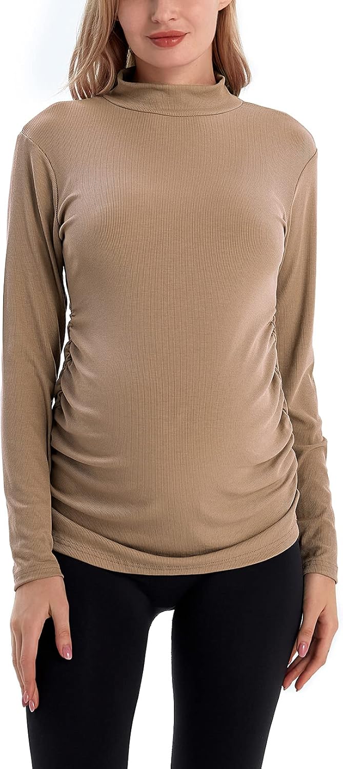 Bhome Maternity Shirt Long Sleeve Pregnancy Top Ribbed Mock Neck Pregnant Pullover - Image 2