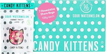 Candy Kittens Sour Watermelon Vegan Sweets - Palm Oil Free, Natural Fruit Flavour Candy - Gummy Chewy Gourmet Sweets, 138g Pack of 7 Resealable Share Bags