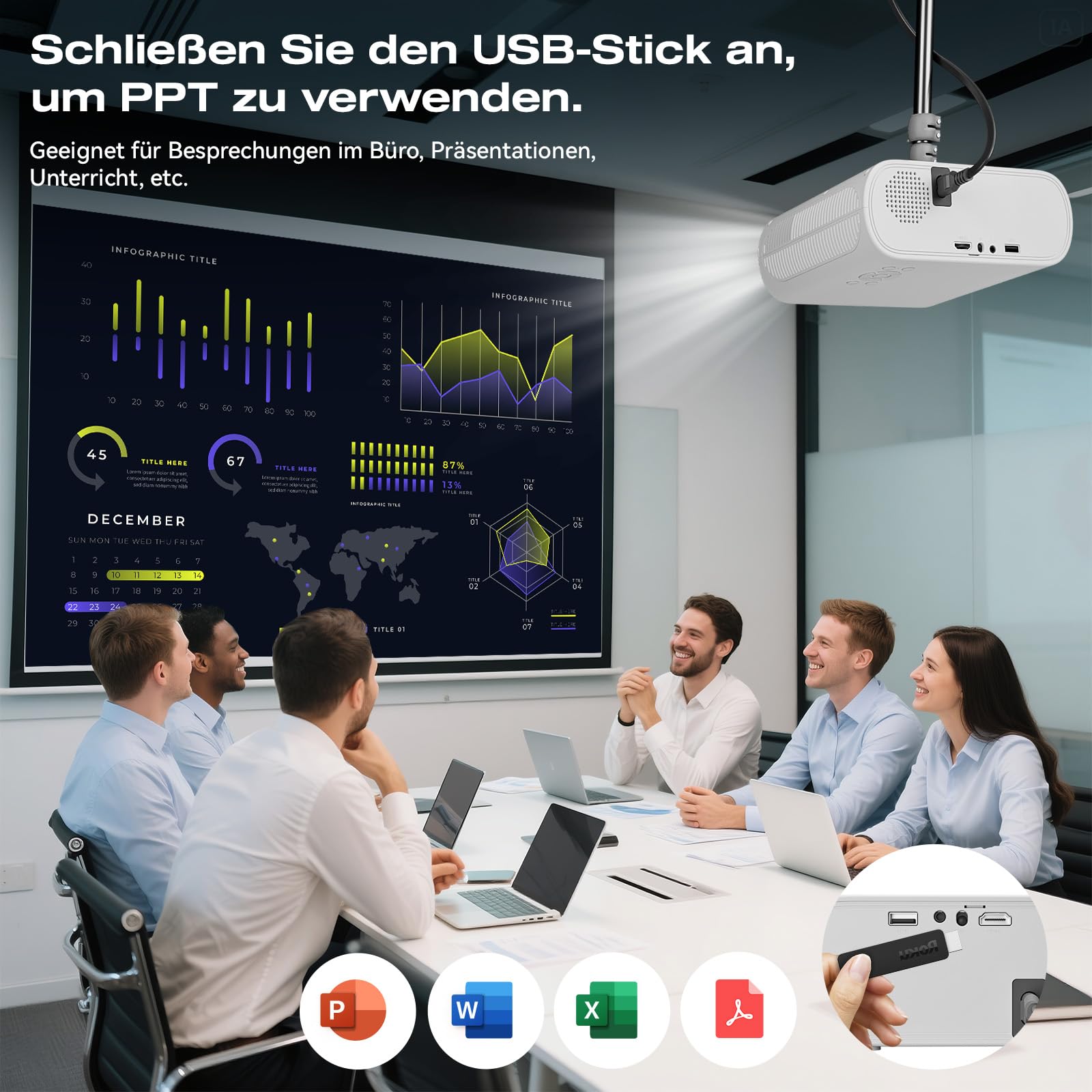 Mini Beamer 4K [Kompatibel mit Netflix & Offizielle Apps] 20000 Lumen Kurzdistanz Beamer mit Elektrischer Fokus/Trapezkorrektur, Android 13, 1080P FHD WiFi6 Bluetooth Smart Projektor für Schlafzimmer