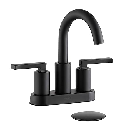 Matte Black Centerset Bathroom Sink Faucet with Pop-up Drain Assembly, High Arc Modern 4 inch Bathroom Vanity Lavatory Faucet 3 Holes with Brass 360 degree Swivel Spout, 2 Handle Bathroom Faucets