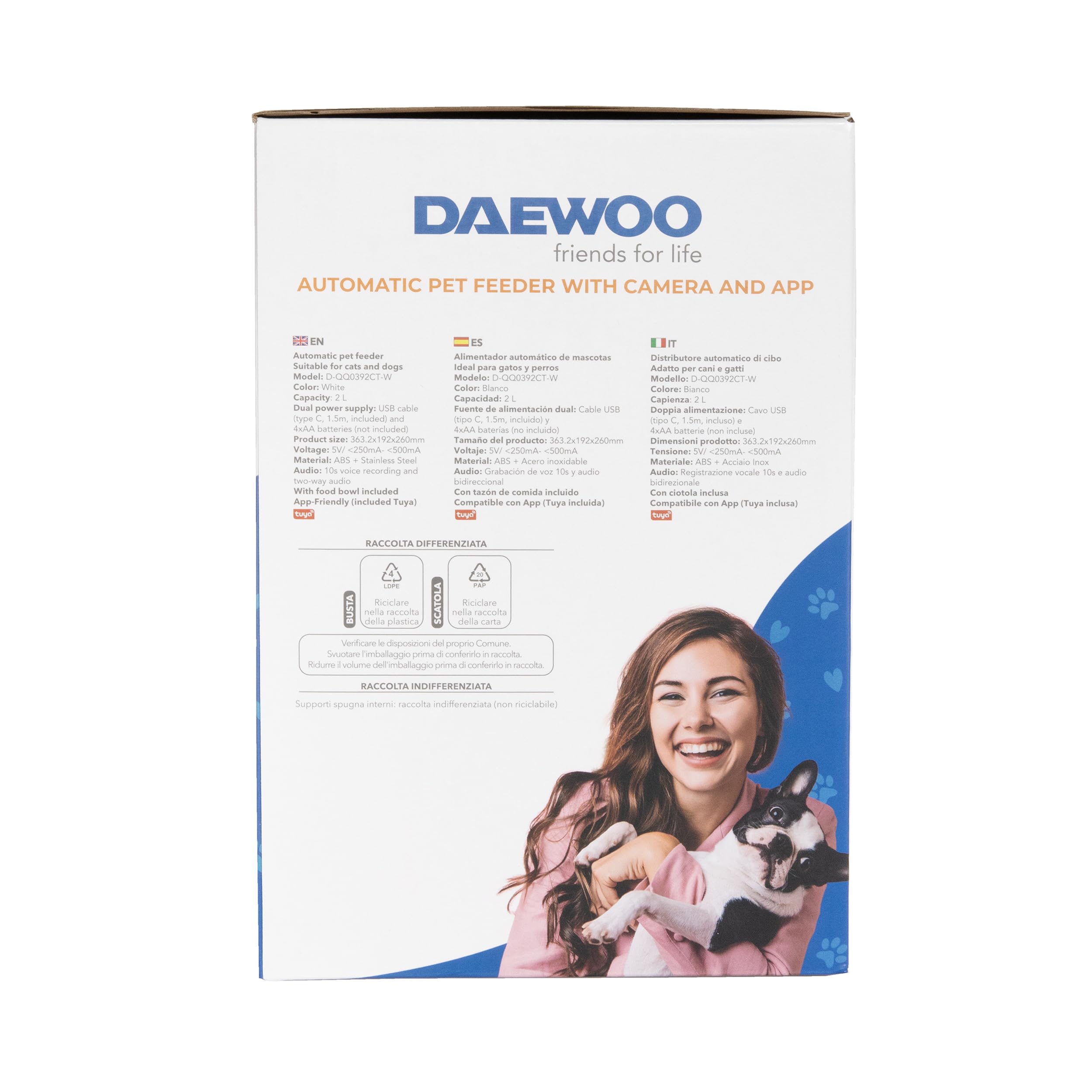 Daewoo - Distributore Automatico Cibo Gatti e Cani con Telecamera HD, Capacità 2L, Alimentazione Programmata Fino a 15 Pasti al Giorno, Microfono Integrato, Controllo Remoto tramite App Tuya