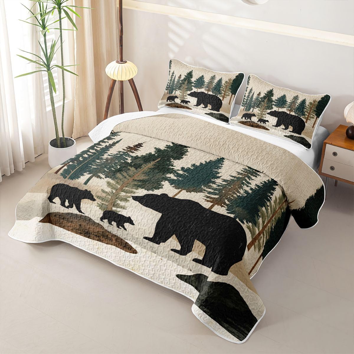 Feelyou Rustic Bear Quilt Set Queen Size Country Farmhouse Cabin Comforter Set for Kids Boys Girls Retro Woodland Mountain Pine Tree Bedspreads with 2 Pillowcases Bedding Lightweight