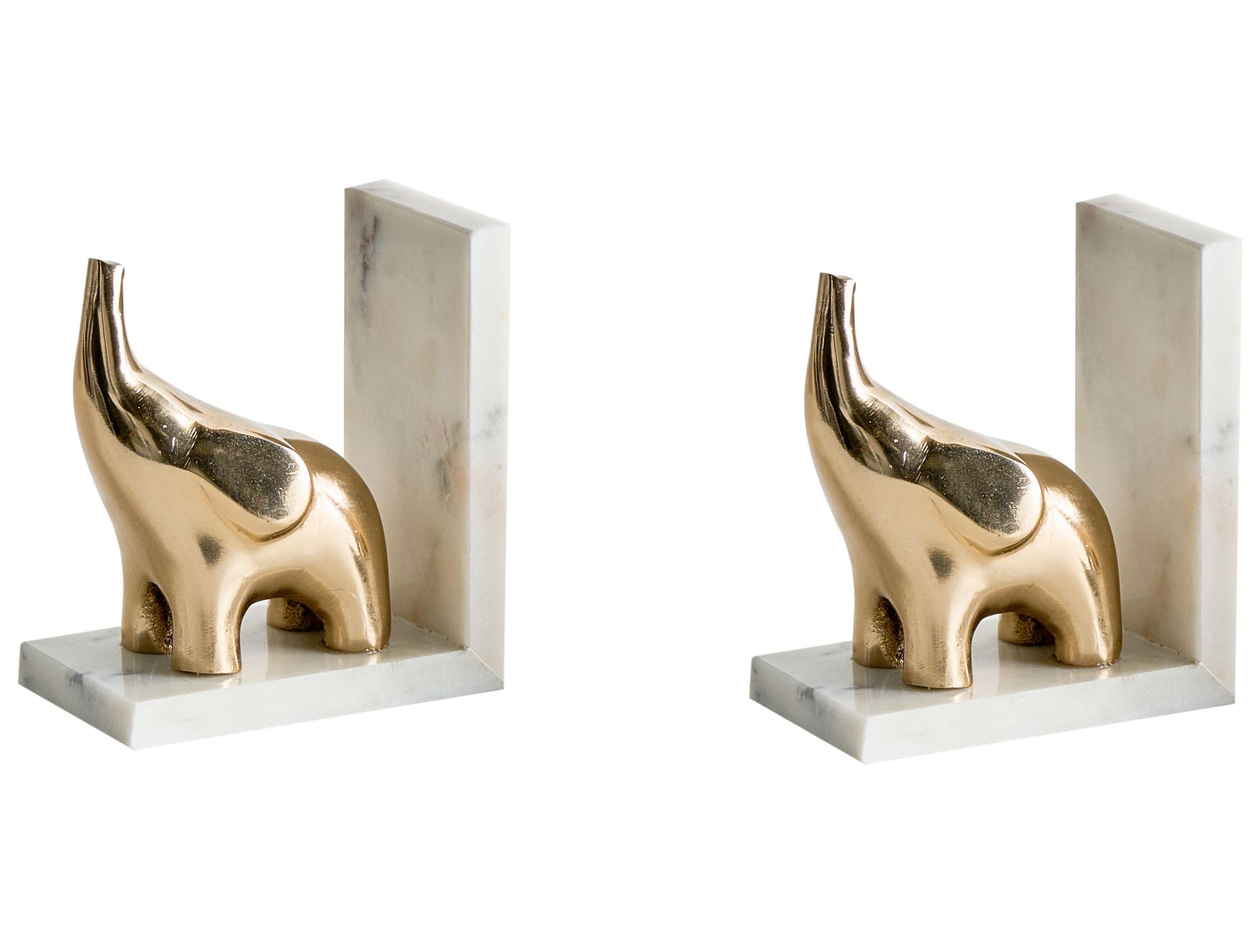 Elefanten Buchstützen 2er Set Marmor weiß Metall Gold 15 cm hoch stabil Kotezi