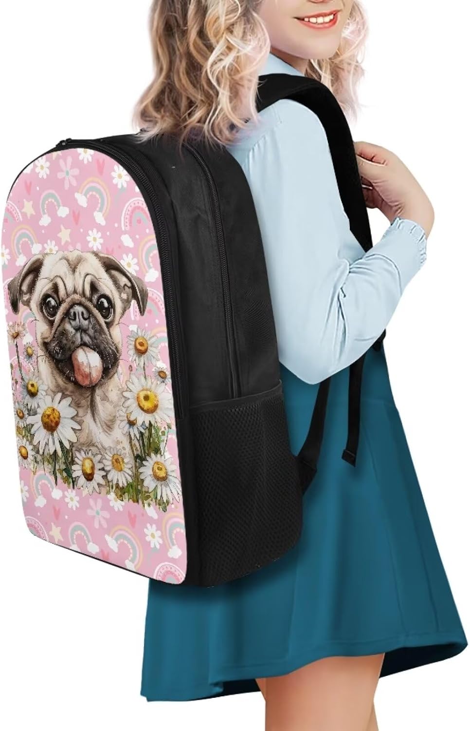 Pug Dog Daisy Print Backpacks for Teenager Girls Large Capacity School Bag 17 Inch Bookbag Daypack Lightweight Shoulder Packs with Side Pockets for Outdoor Hiking