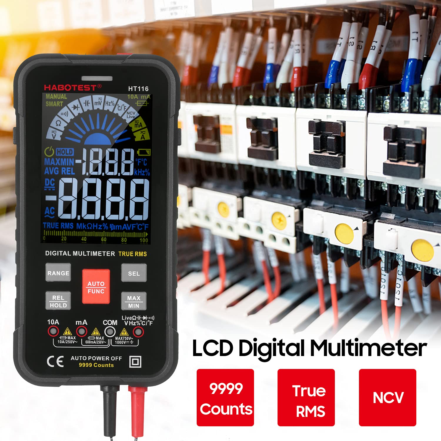 HABOTEST HT116 Multimetro digitale con 9999 conteggi Vero RMS per misurare tensione CA CC corrente resistenza capacità frequenza temperatura e continuità - Tester elettrico