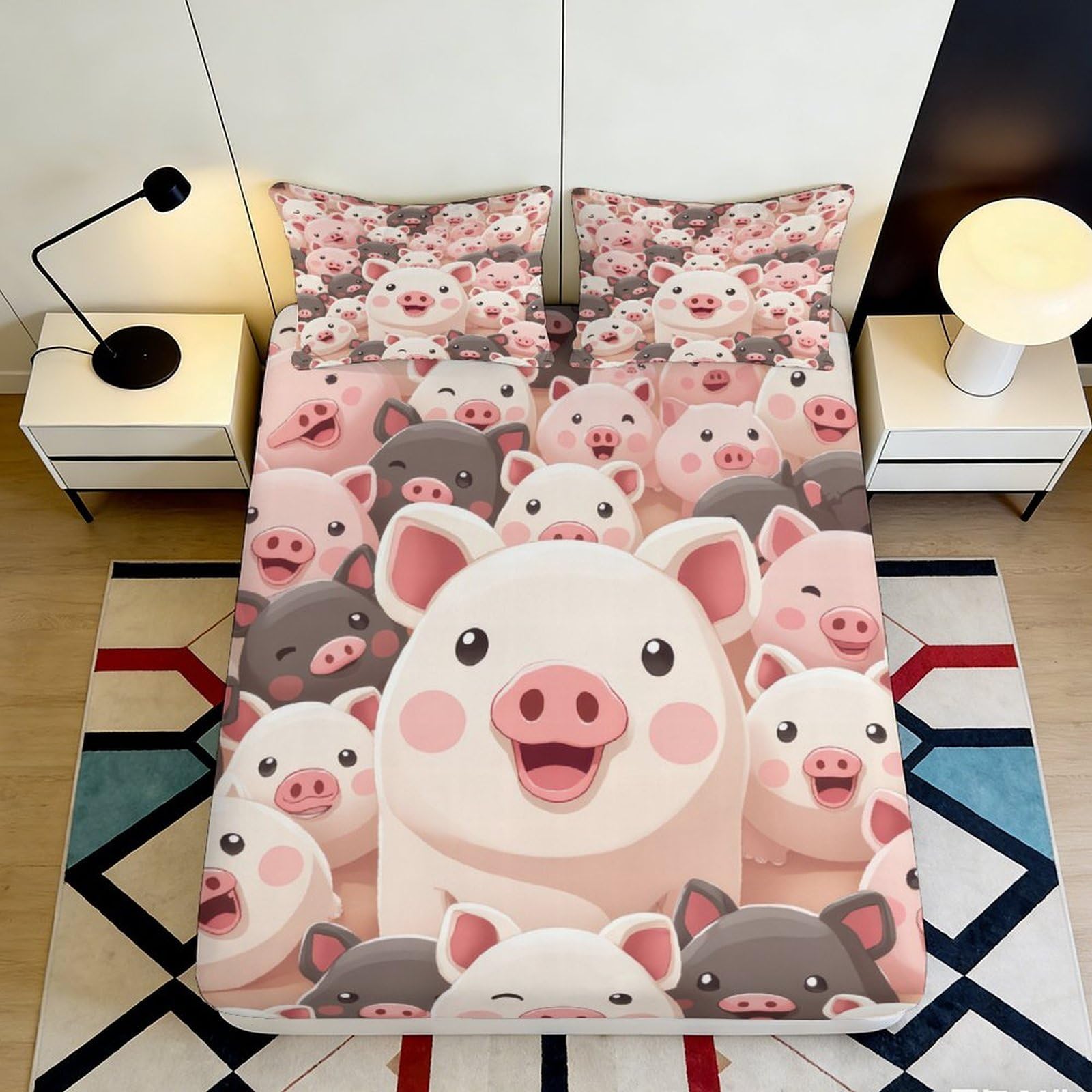 3D Printed Cute Piggy Fitted Sheet Microfiber Anti-Slip Pink Animal Bed Sheet for Bedroom Guest Room Decor Easy Care 90x200x25cm