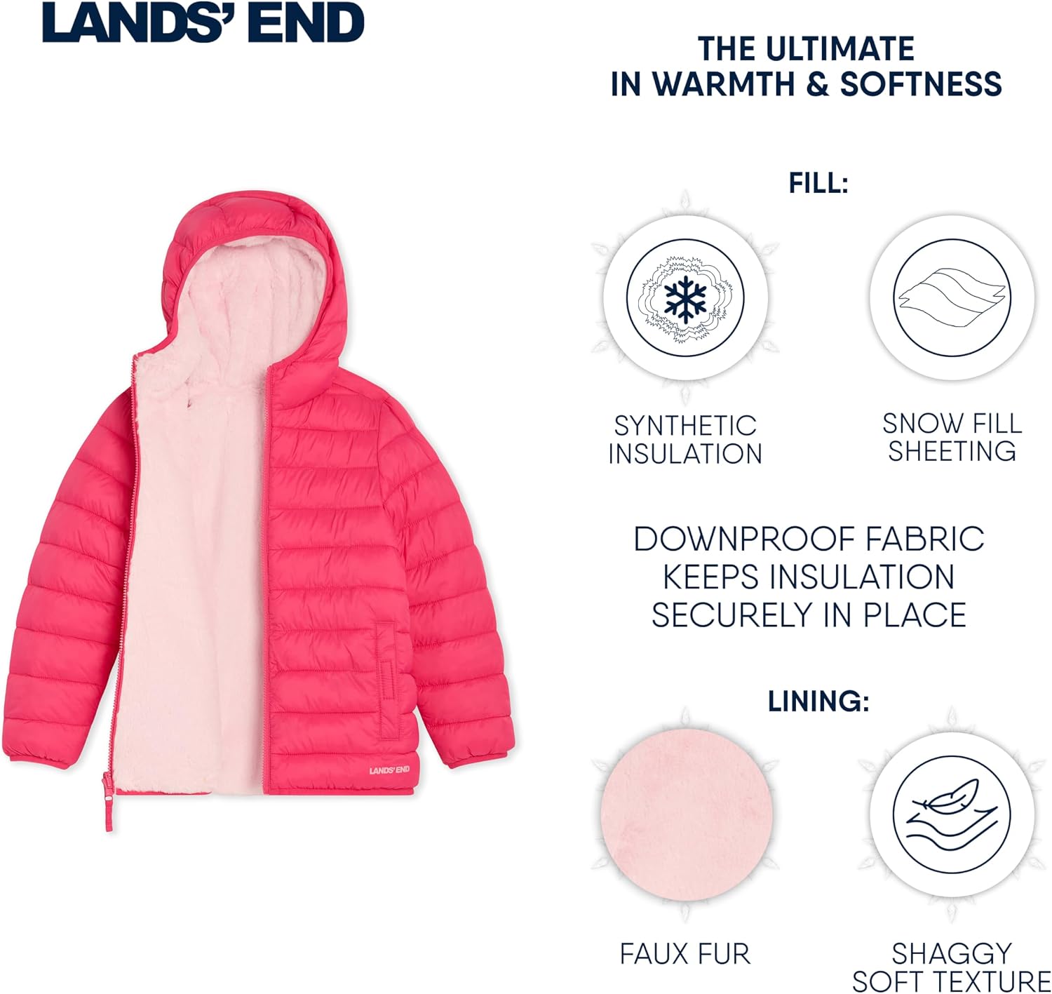 Lands' End Girls Reversible Faux Fur Lined Insulated Puffer Jacket