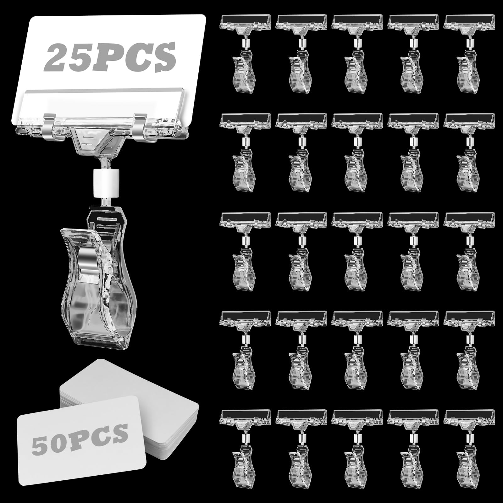 25 Pezzi Segno Esposizione Clip con 50 Cartellini Prezzi, Porta Etichette Prezzo Rotante in Plastica Trasparente, per Esposizione Prezzi in Supermercato, Memo e Biglietti Da Visita