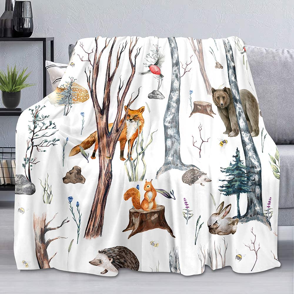 LUVIVIHOME Forest Woodland Animals Throw Blanket, Bear Deer Fox Rabbit Cabin Lodge Blanket for Kids, White Blanket, Twin Blanket, Cozy Soft Fuzzy Flannel Fleece Blanket for Bed, Couch, Sofa, 60
