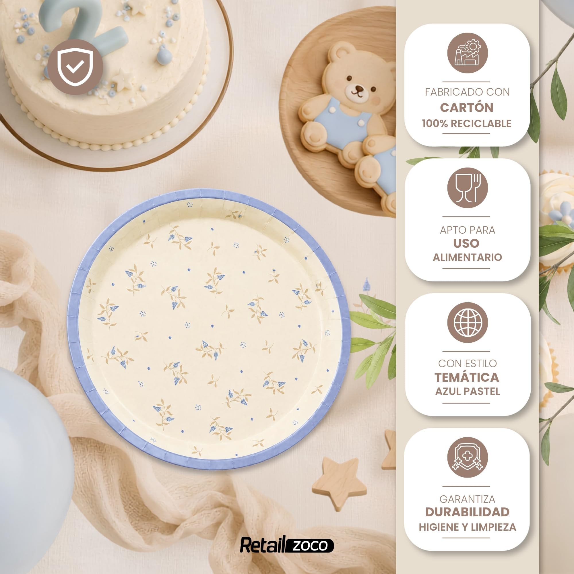 Platos de cartón, Platos Desechables cartón, Diseño Flores Azul, 6 Unidades - imagen 5